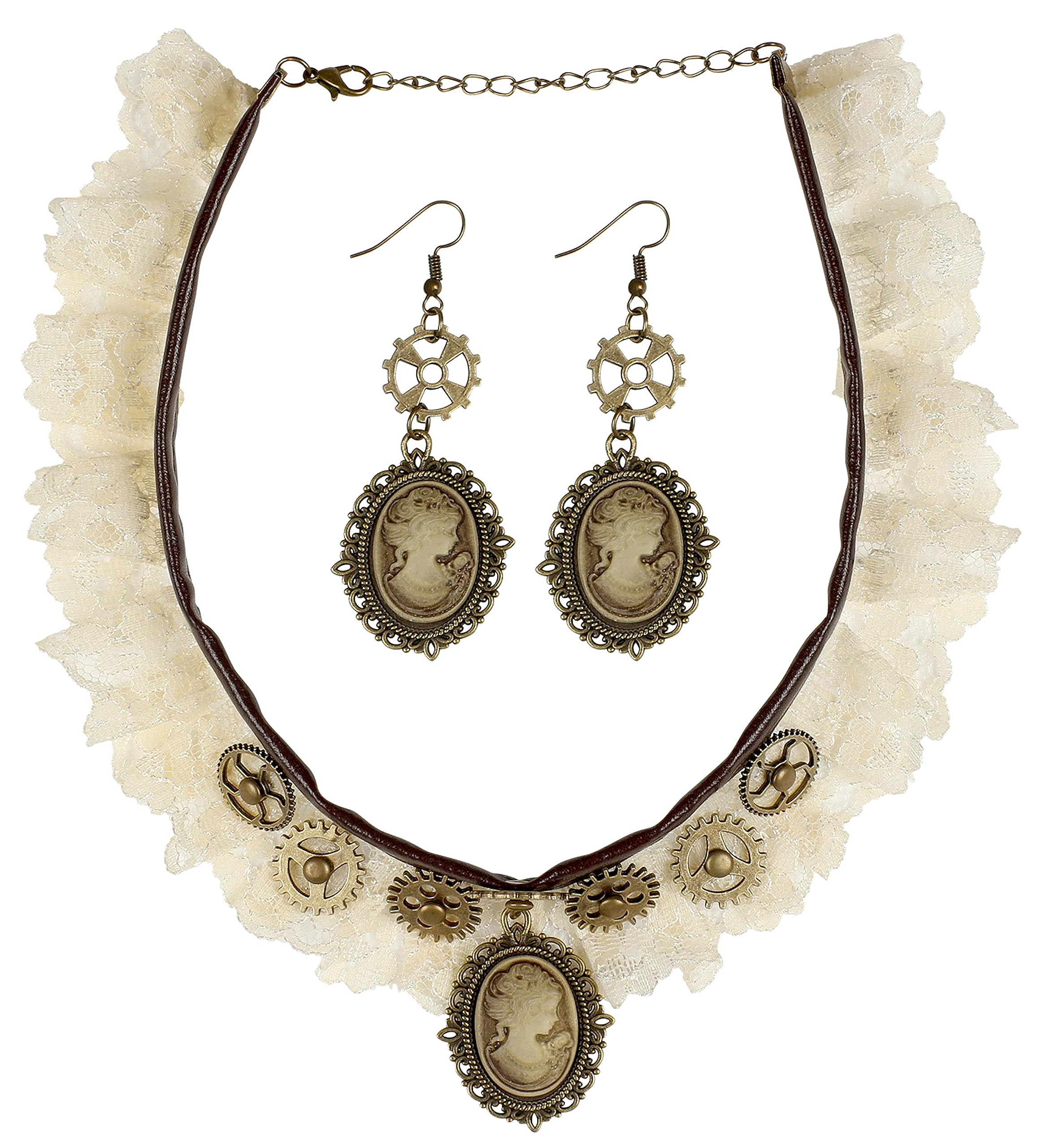W WIDMANN MILANO Party Fashion 09774 Jewellery Set, Lace Collar and Cameo Relief Earrings, Jewellery, Necklace, Steampunk, Carnival, Theme Party