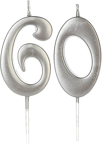 Silver 60th Birthday Candles for Cake, Number 60 6 Glitter Candle Party Anniversary Cakes Decoration for Kids Women or Men