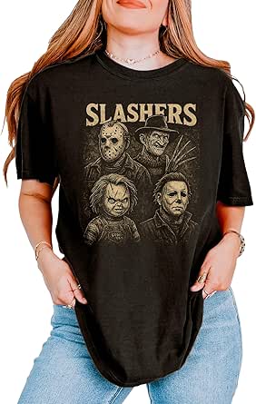 Amazon.com: Creepy Slashers Parody T-Shirt – Scary Masked Villains ...