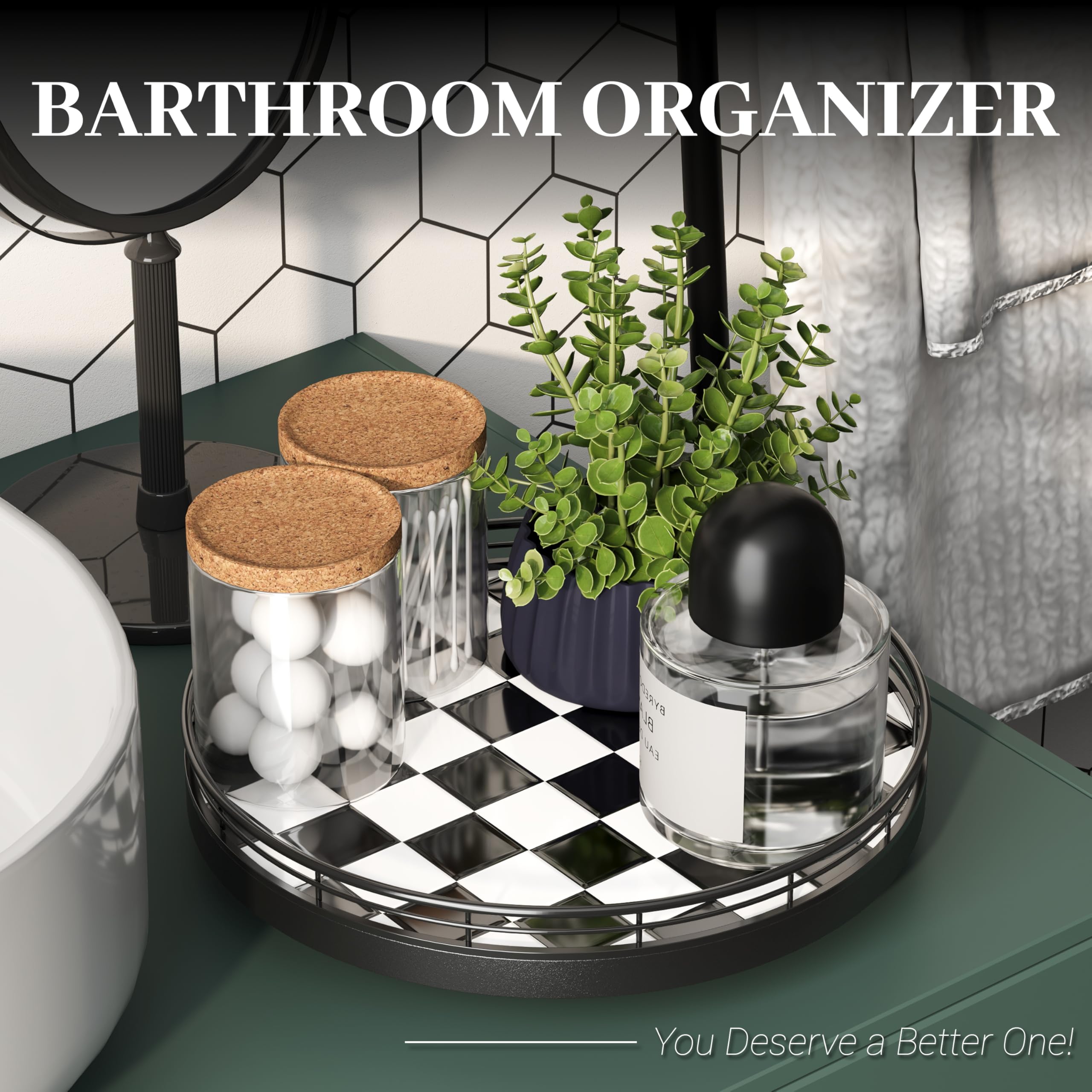 Organizador Lazy Susan de 10.2 pulgadas de tablero de ajedrez blanco y negro, bandeja giratoria con base de roble, marco de hierro y azulejos de cerámica, perfecto para mesa de comedor, armario de 5