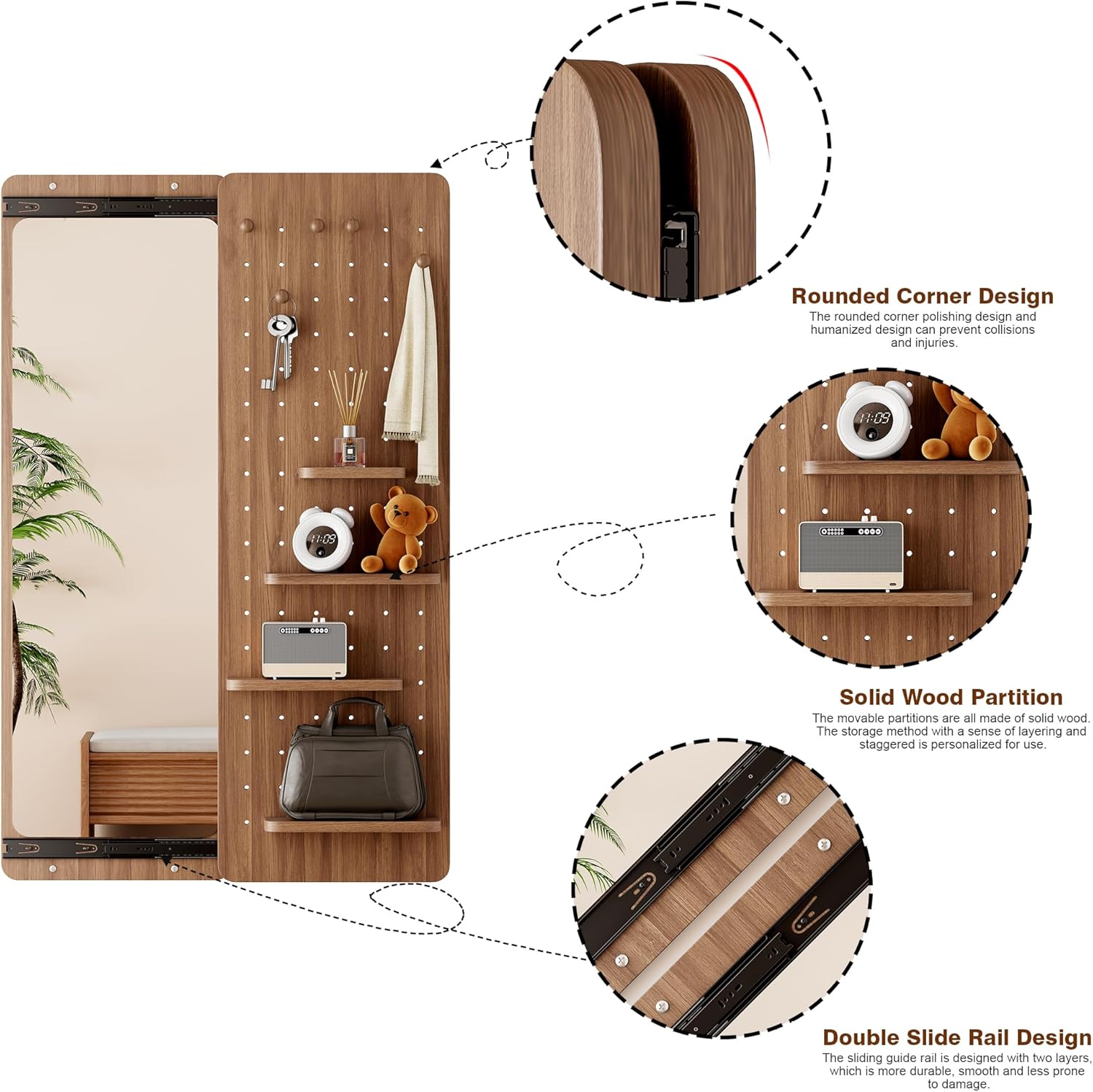 KEIKI Full Length Mirror - Wall Mounted 48"x16" Rubber Wood Full Body Mirror with Pegboard Shelf & Hooks, Multifunctional Storage - Bedroom, Living Room, Dressing Room Decor (Walnut)