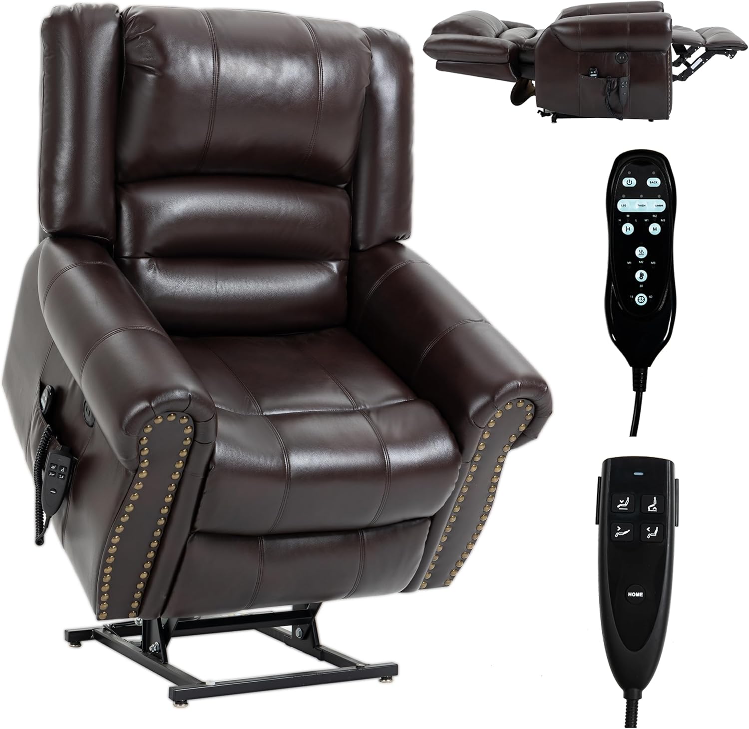 Dual Motor Power Lift Chair, Lay Flat Recliner Chair, Electric Recliner with Massage and Heat for Elderly, Remote Control, Infinite Position, Standing Assistance, USB Ports, Faux Leather, Brown