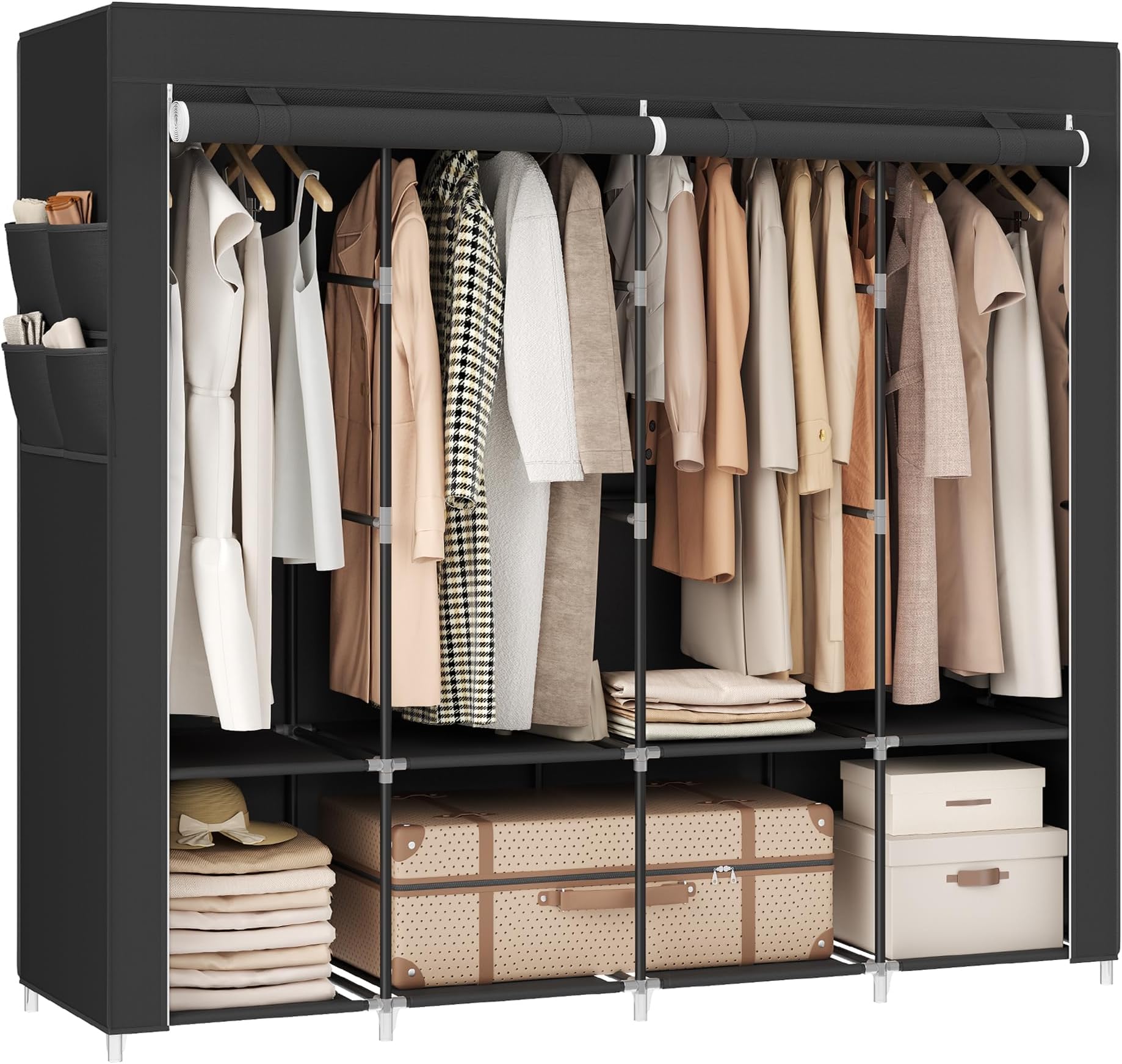 SONGMICS Clothes Wardrobe, Portable Closet, Garment Organiser Rack with 4 Hanging Rails, Shelves, 4 Side Pockets, 170 x 45 x 167 cm, Large Capacity for Bedroom, Living Room, Black RYG094B02
