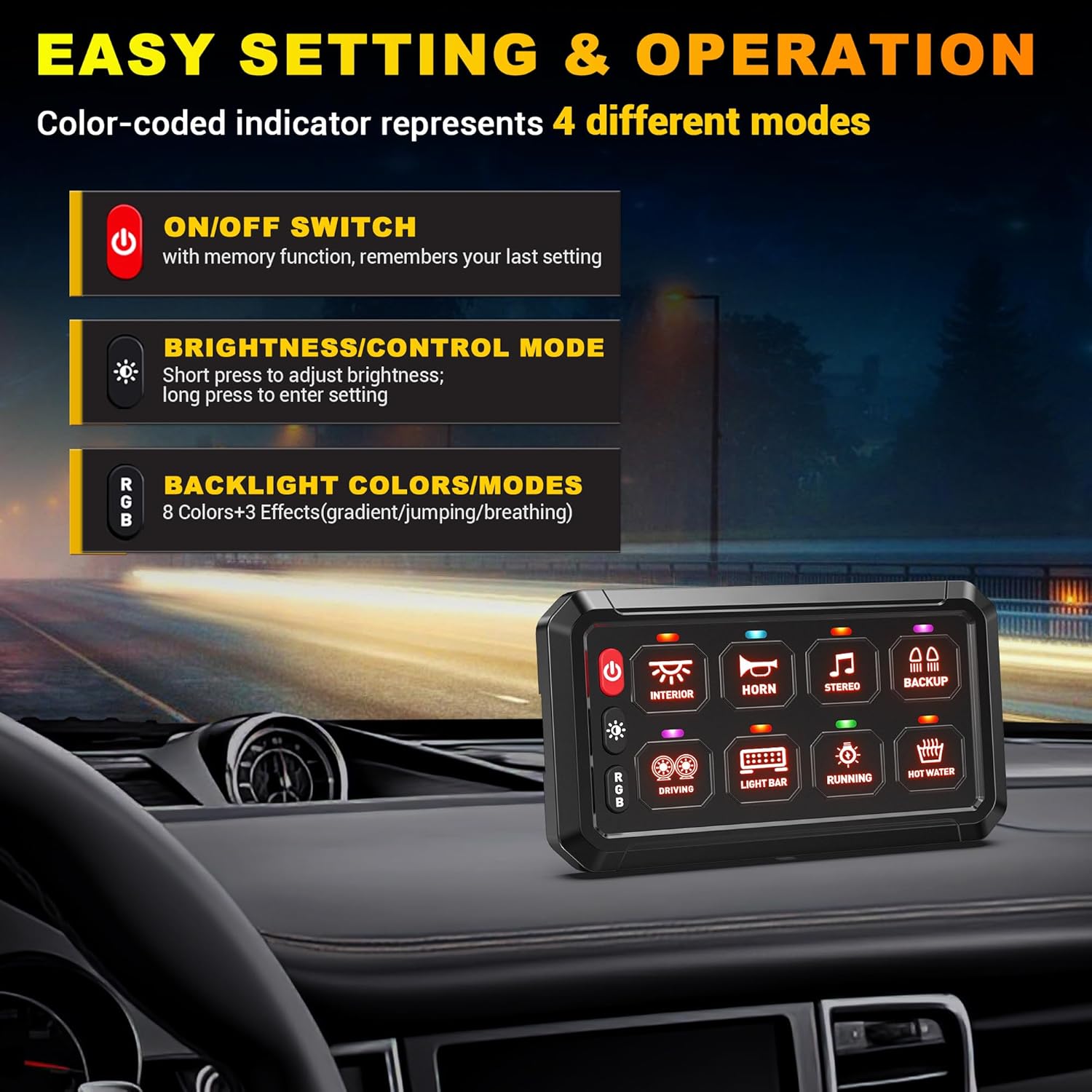 BUMBEE 8 Gang Switch Panel RGB 5-Level Brightness Switches, Multifunction Toggle Switch Box Circuit Control Relay Momentary, High Power 3 Silicone Button for Cart Car Truck SUV RV Offroad Marine