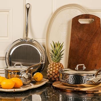 Mauviel M'Elite 5-Ply Hammered Polished Stainless Steel Frying Pan With Cast Stainless Steel Handle, 11.8-in Made In France