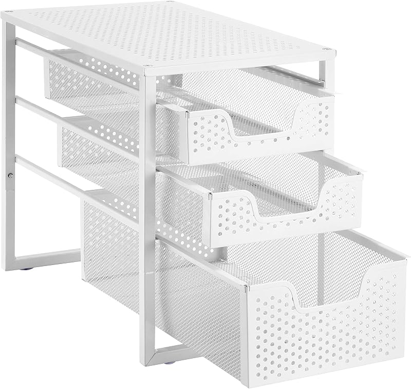 Organizador debajo del fregadero Simple Trending de 3 niveles con cajón de almacenamiento deslizante | Organizador de escritorio multiusos, organizador de gabinete de metal para cocina, baño, oficina, apilable, ahorro de espacio, blanco