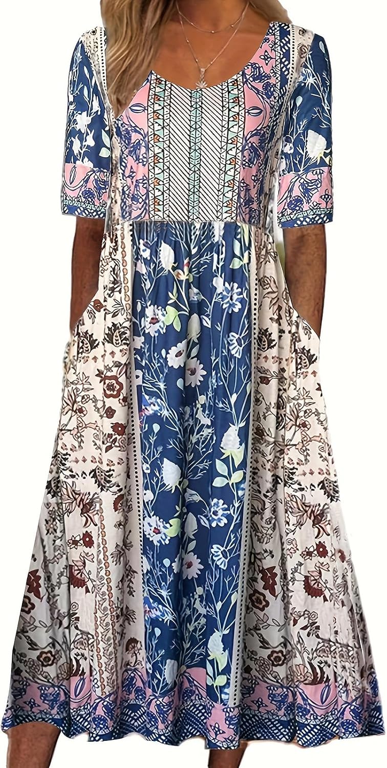 Geleglaer Women's Boho Floral Maxi Dress Summer Casual Crew Neck Short Sleeve Dress Flowy Bohemian Tshirt Dress with Pockets