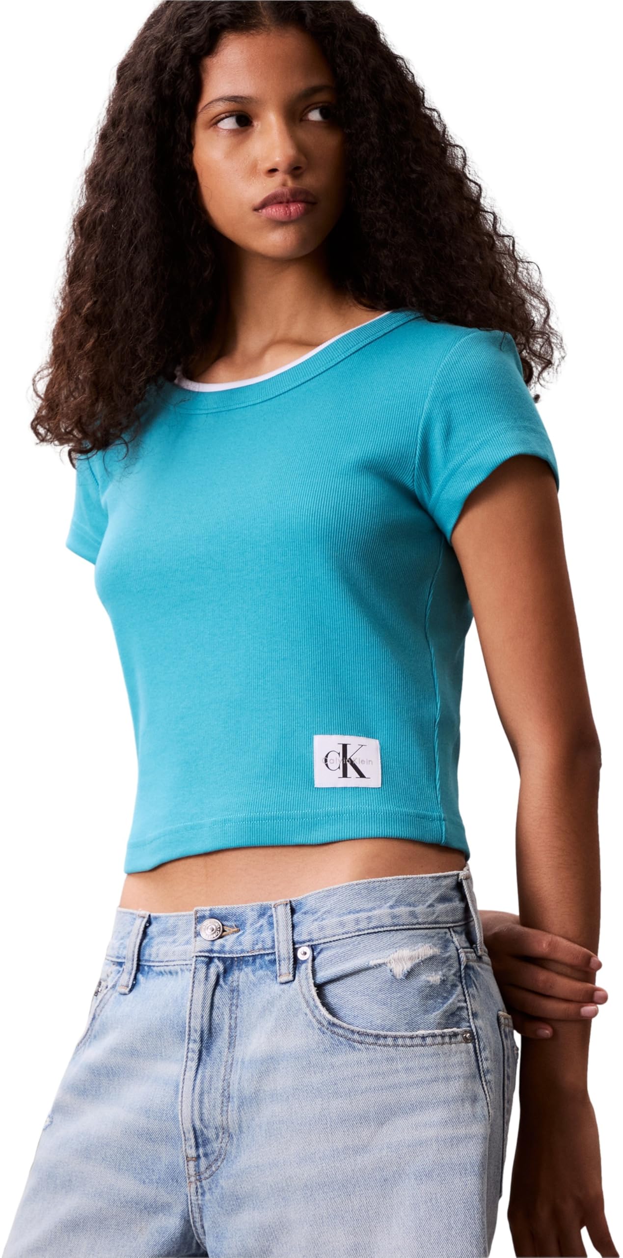 Calvin Klein Women’s Short Sleeve Round Neck Woven Label Rib Baby Tee, Turquoise (Tuscan Teal), S