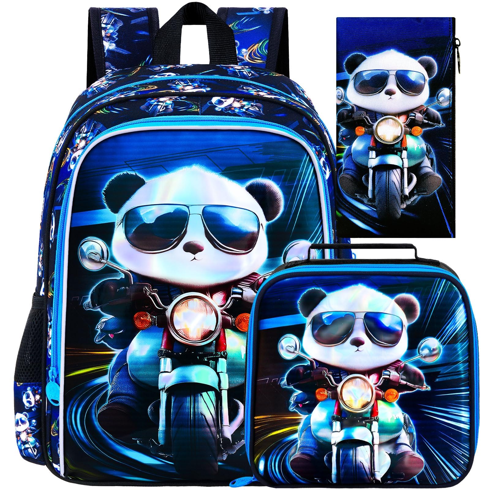 CCJPX 3PCS Backpack for Boys, 16 Inch Kids Panda Water Resistant Preschool Backpacks, Cool Kindergarten School Bookbag Set for Teen Travel