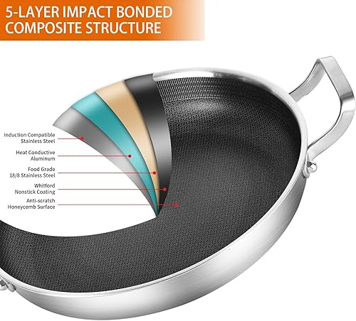 Miniatura 2 de DELARLO Paella de tres capas de acero inoxidable de 12 pulgadas, sartén grande antiadherente, sartenes profundas Hybird de 12.5 pulgadas, inducción,