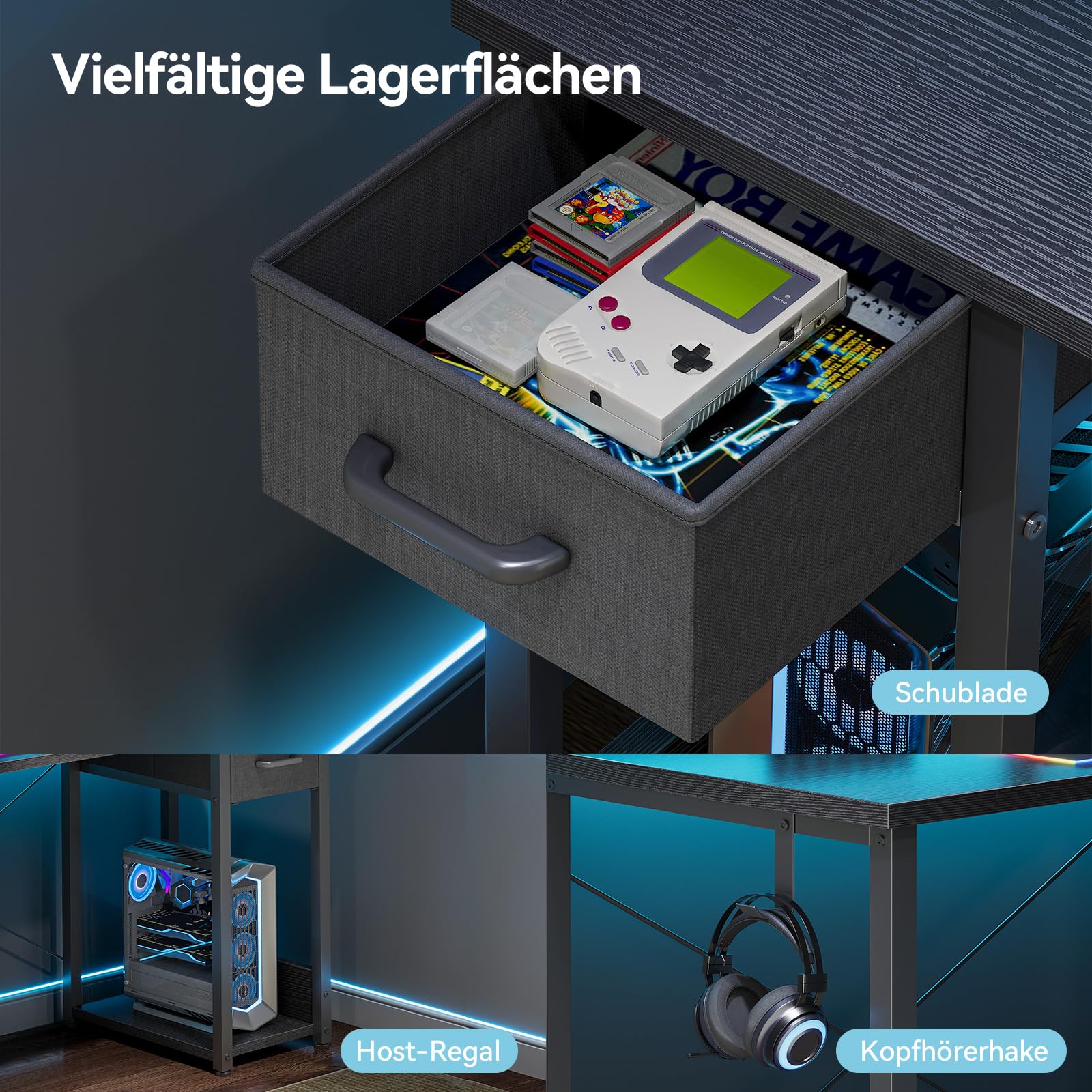 Coleshome Gaming Tisch mit LED Beleuchtung,Kleiner Schreibtisch mit Stoffschublade & CPU-Stand, Computertisch Bürotisch PC tisch mit Monitorstand, für Büro, Gaming, Home Office, 100×45×74.5cm, Schwarz
