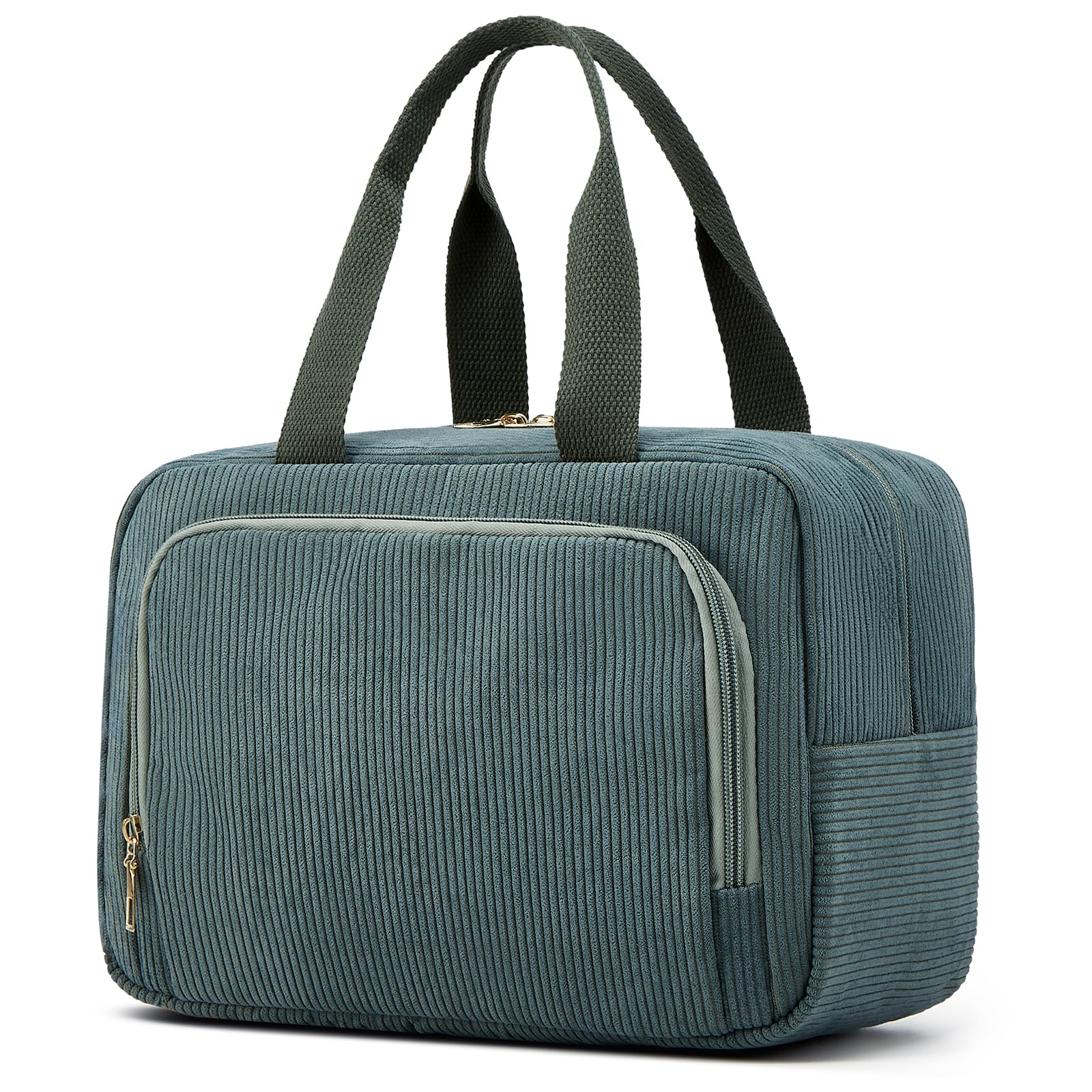 Funtlend Damen Kosmetiktasche Größe (7,8L) - Groß Cord Kulturtasche mit Tragegriff für Makeup,Toilettenartikel,Alltag & Reise(Grün,M)