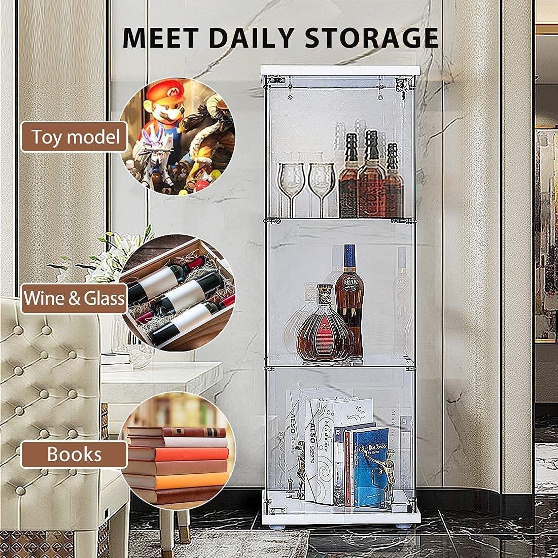 Интерьер view of the VIVOHOME glass display showcase with various items like books and decorative objects on its shelves.