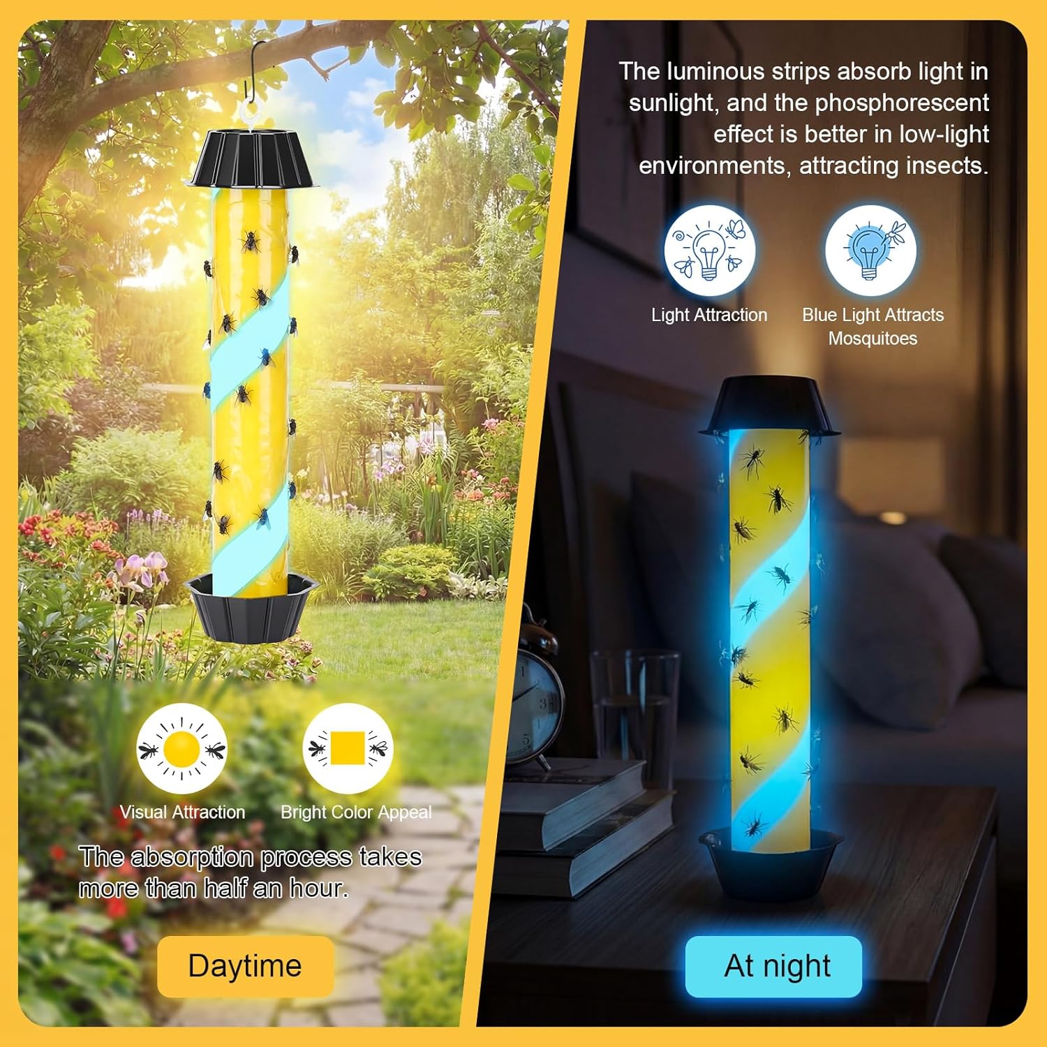 12 Pack Glow in the Dark Fly Sticks Outdoor & Indoor Sticky Fly Traps with Blue Fluorescent Night Attraction Light-Absorbing UV for Mosquitoes Flies Waterproof Hanging Catcher (Black)