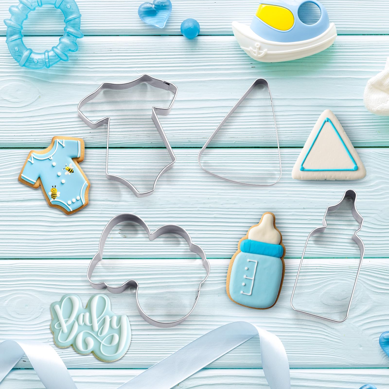 Teenyyou 4 cortadores de galletas para baby shower, cortador de galletas de acero inoxidable para bebé, palabras de bebé, cuña y cortadores de galletas para biberones para bebé
