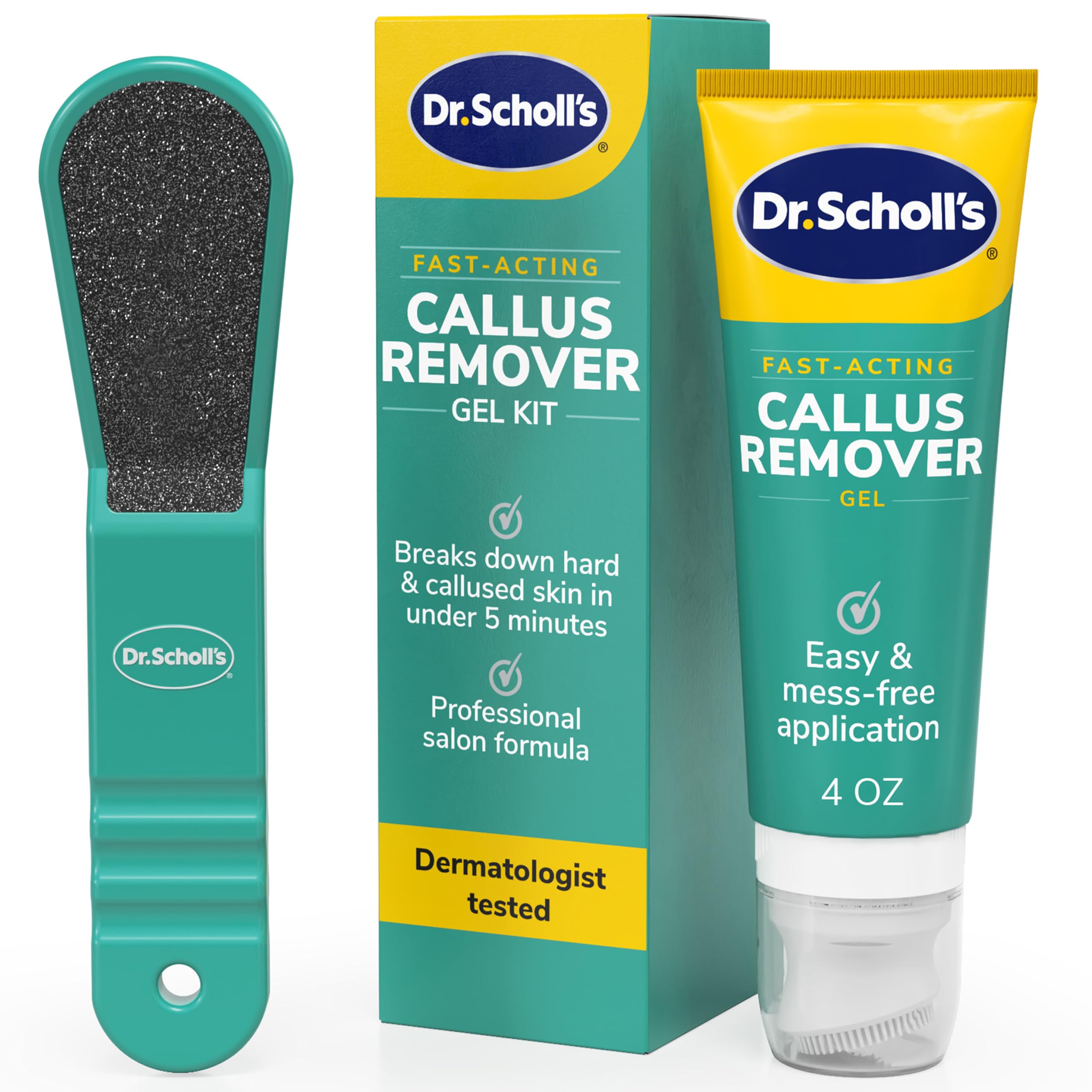 Dr. Scholl'sFast Acting Callus Remover Gel Kit, Hard Skin Removal, Smooth Soft Feet in Minutes, Salon Professional Formula, Mess Free Application, Exfoliating Foot File Pedicure Tool Included