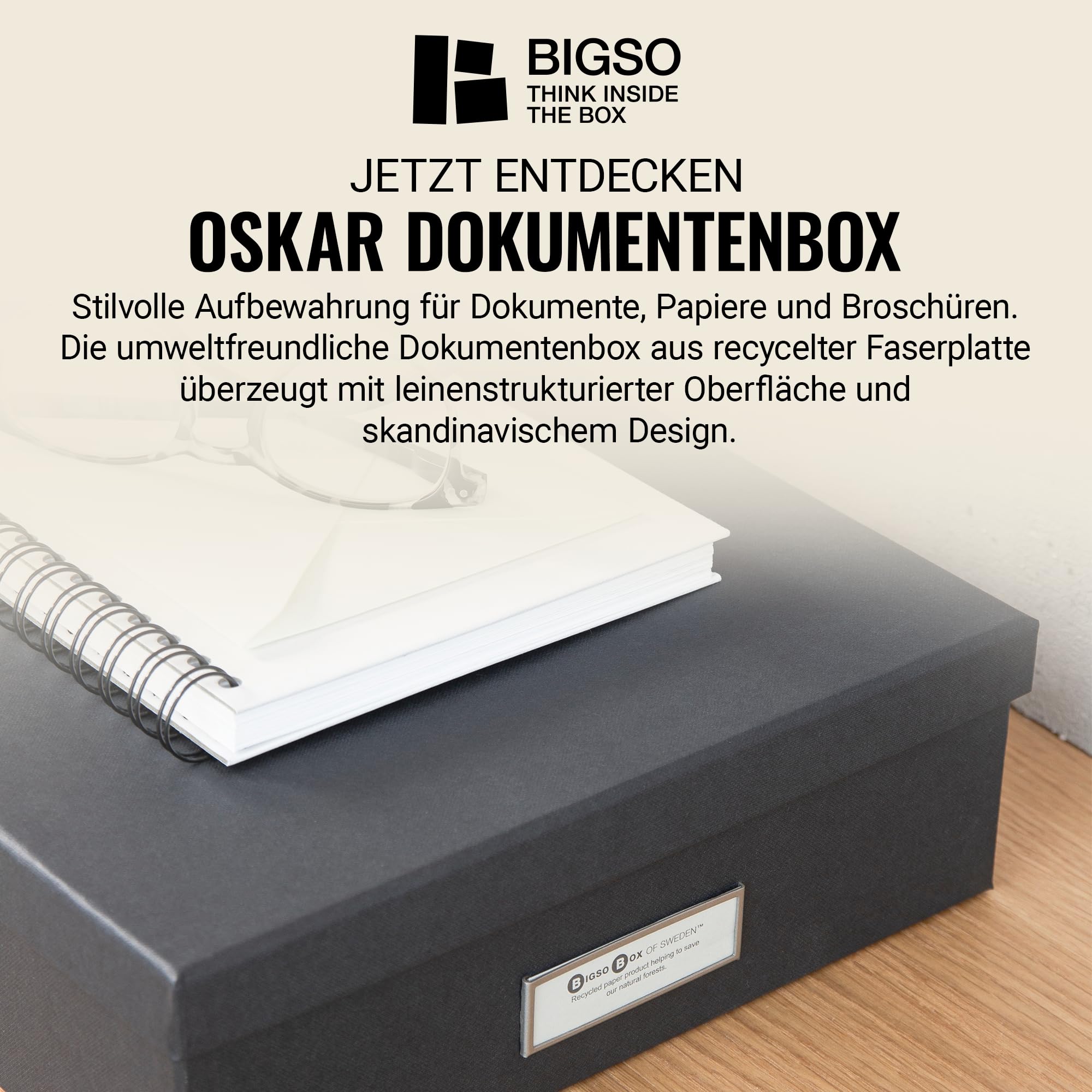 Bigso Box of Sweden OSKAR Pudełko na dokumenty A4, broszury itd. – półka na biurko z pokrywką i uchwytem – pudełko do przechowywania z płyty pilśniowej i papieru – ciemnoszare