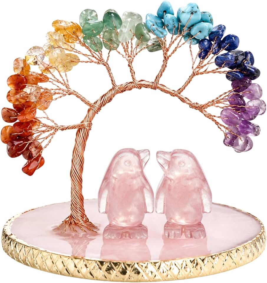 Crystal Gifts for Women – Rose Quartz Love Penguin Figurines & 7 Chakra Crystal Tree, Romantic Couple Gift with Greeting Card, Healing Stones Positive Energy Desk Home Decor