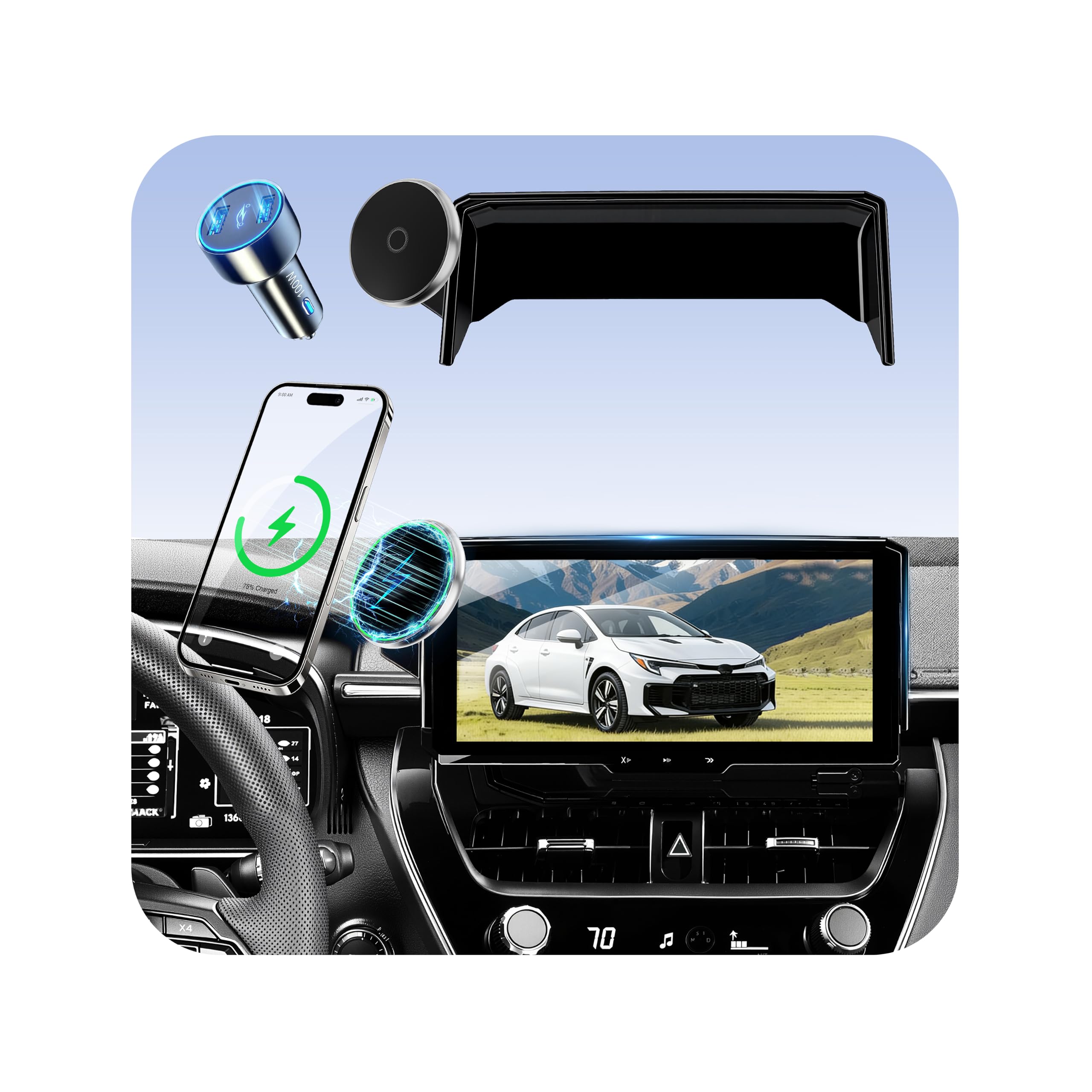 Phone Mount for Toyota Corolla (2019-2026, ONLY Fits 8" Screen) / Corolla Hatchback (19-26) / Corolla Cross (22-26), 15W Wireless Charger, Magnetic Phone Holder, Car Adapter Included, with Storage Box