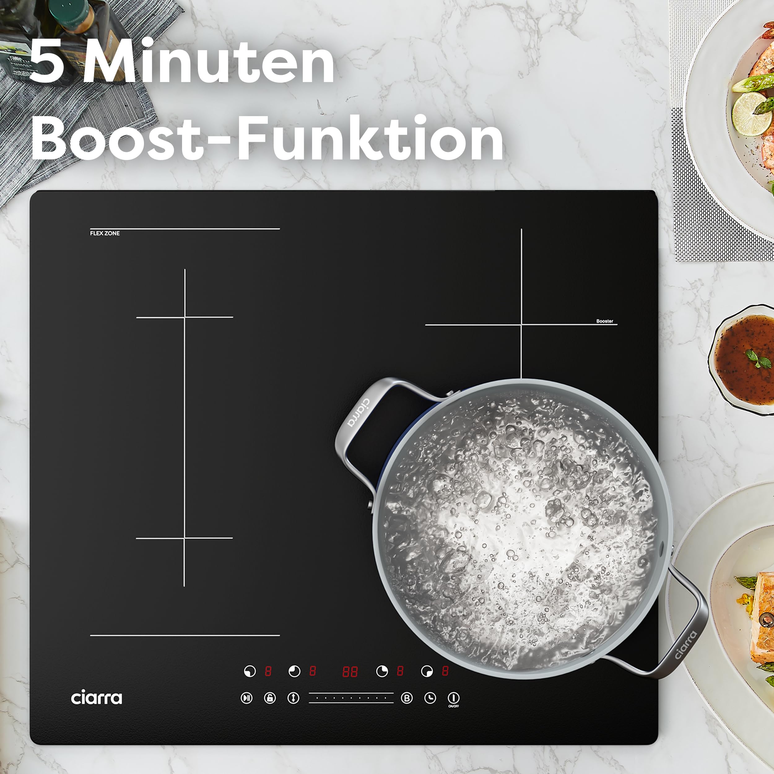 CIARRA CBBIH4BF Induktionskochfeld 60 cm Flexzonen Einbau 4 Platten mit Bridge Bräterzone PowerBoost Slider Touch-Bedienung Induktion Kochfeld 9 Stufen Timer Kindersicherung Überhitzungsschutz 7200 W