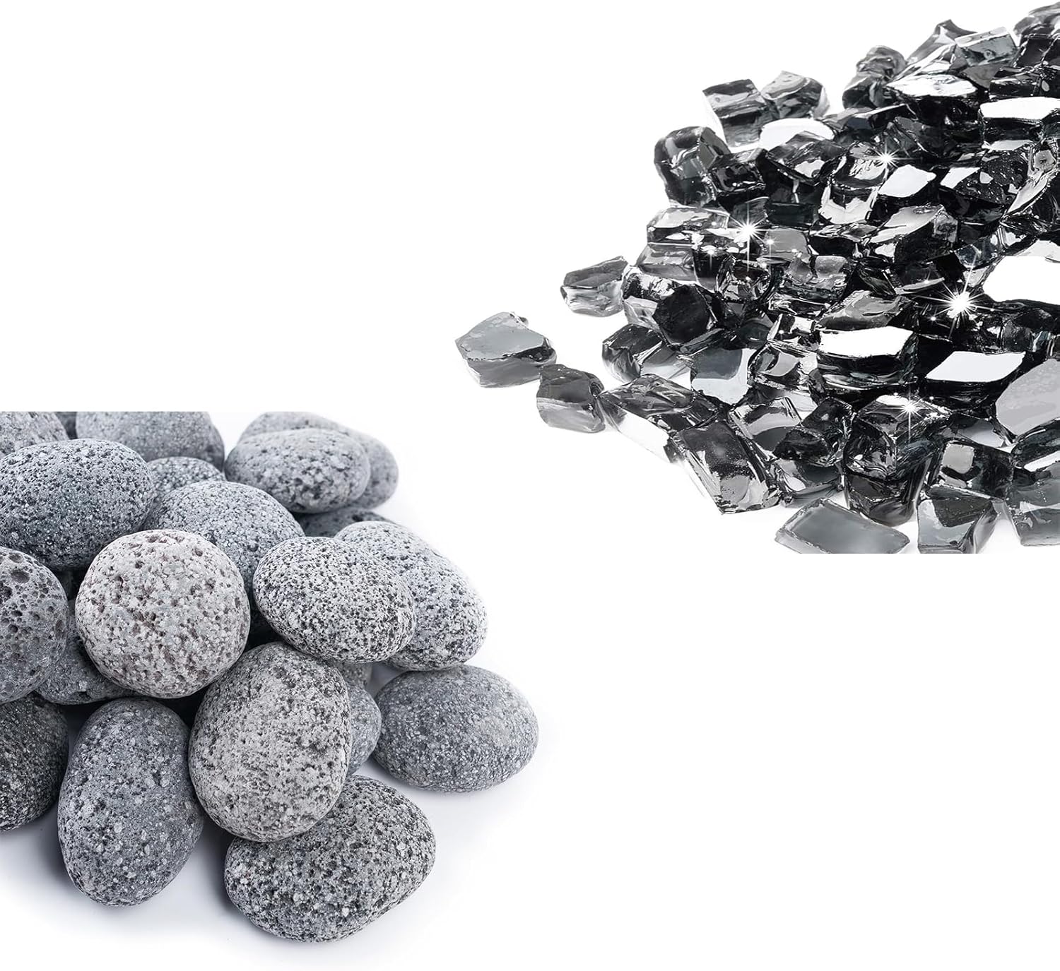 GASPRO 10 lbs Reflective Black Fire Glass and 2-3 Inch 10lb Large Lava Rocks for Fire Pit