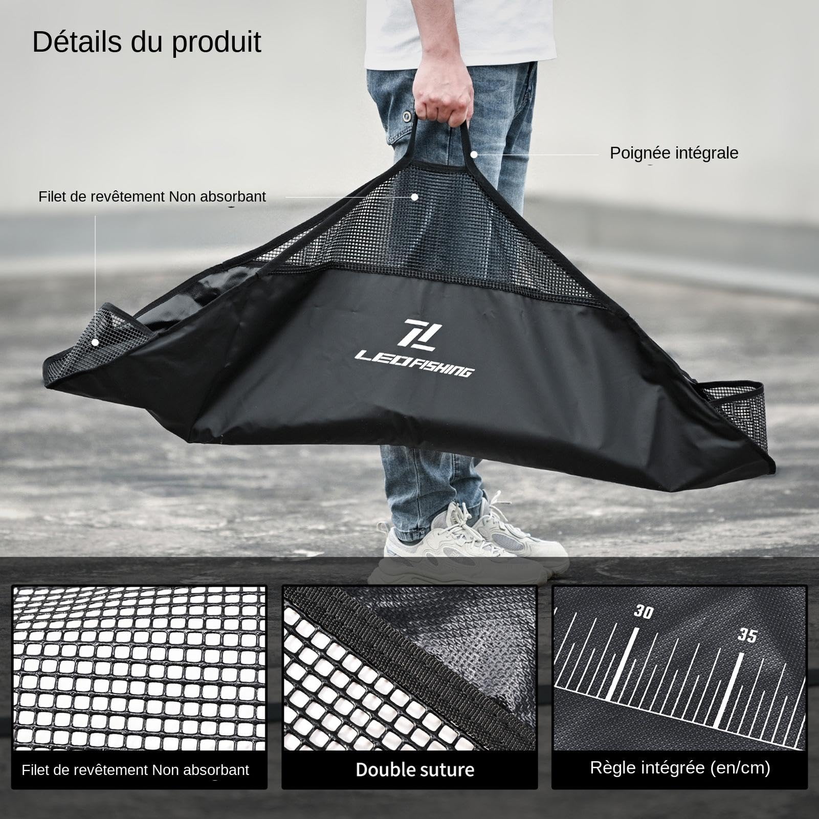 Sac de Pêche Portable pour Kayak - Peser et Protéger le Poisson - Écharpe de Pesée avec Poignée pour Gros Bar, Carpe