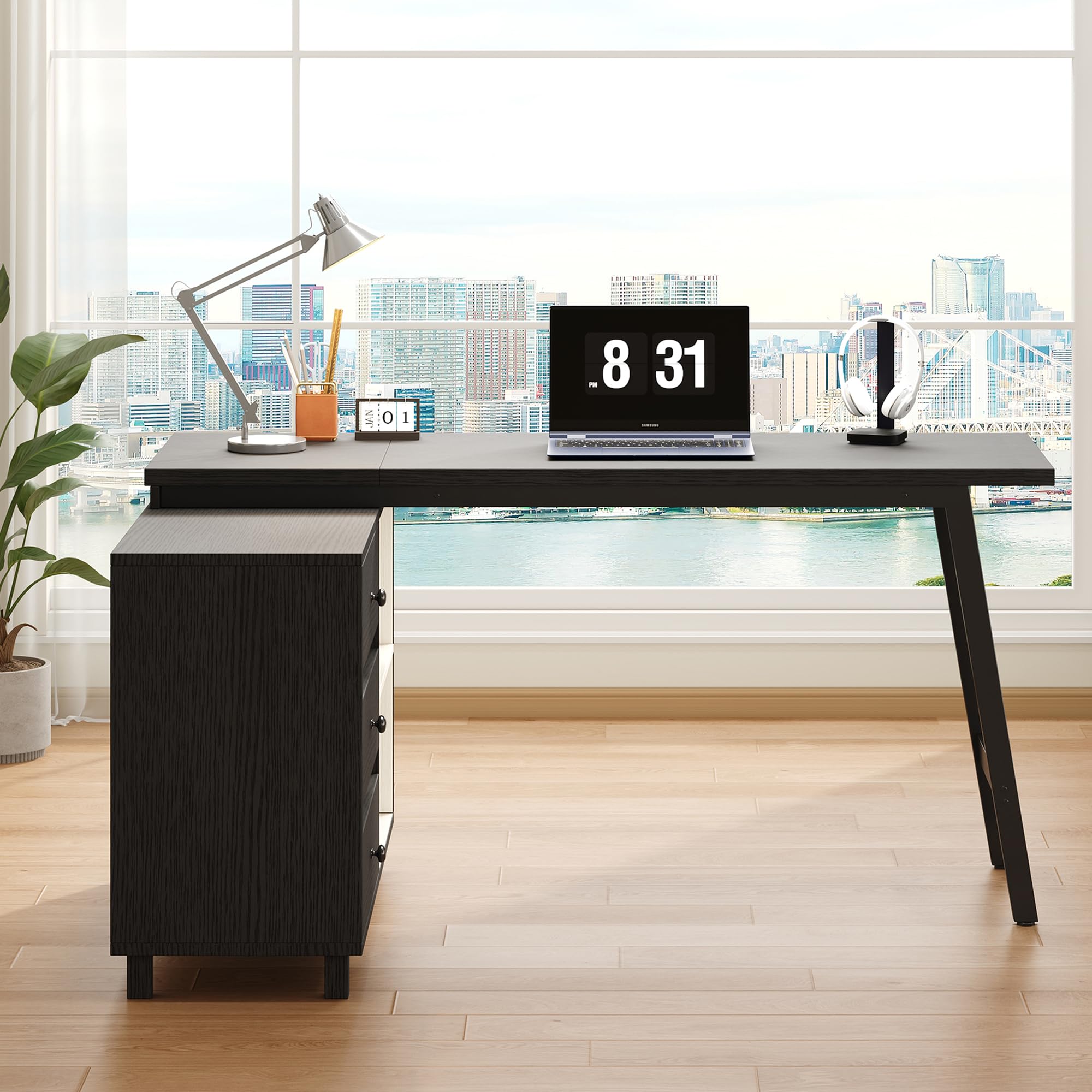 Merax Bureau d’Angle 150 x 100 cm avec 3 Tiroirs et Étagères Ouvertes, Grand Bureau Informatique en L avec Structure Métal, Table de Bureau Moderne pour Télétravail, Étude et Gaming, Noir et Blanc