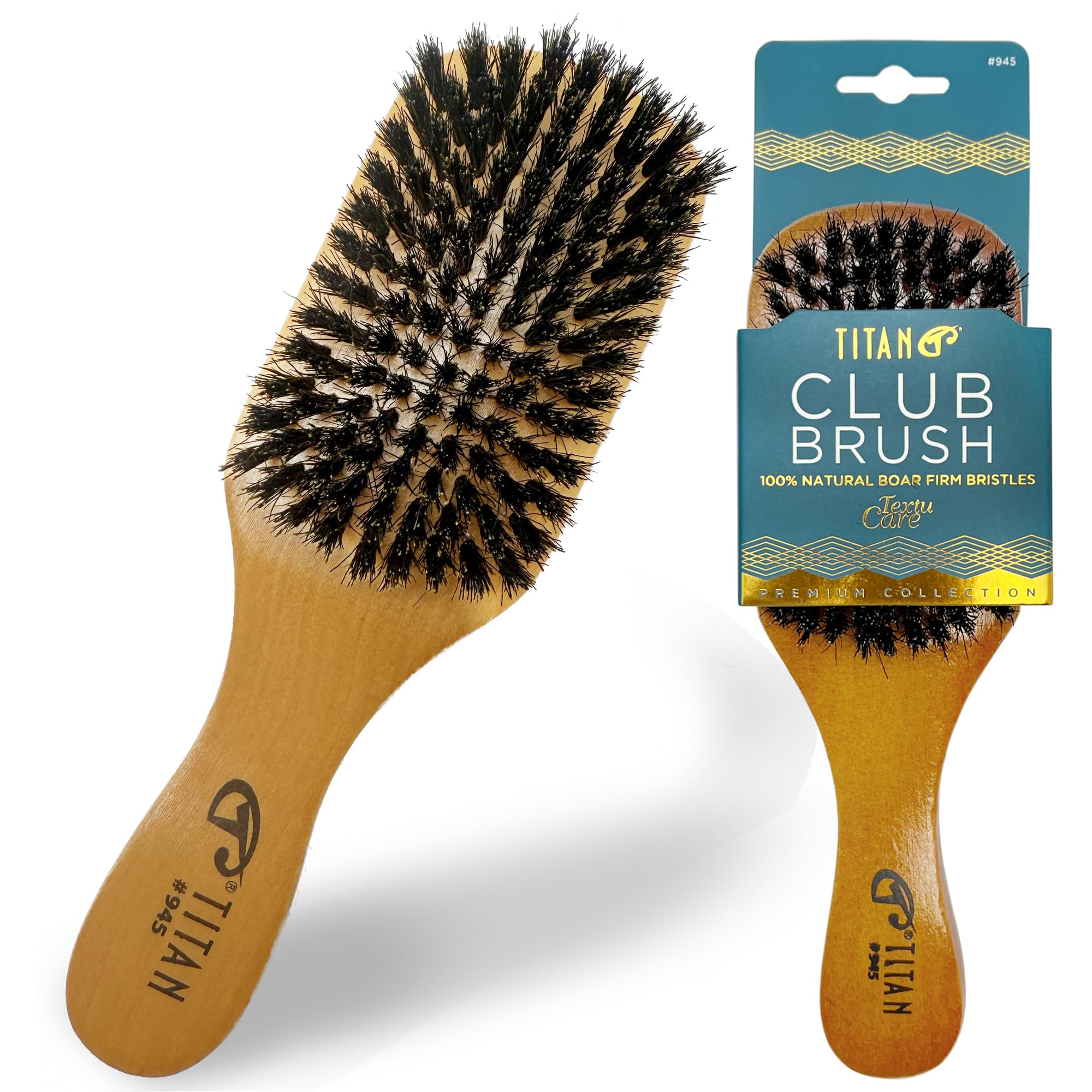 Titan Club Wave Brush for Men - 100% Natural Boar Bristles, Durable Wooden Handle, Smoothing Brush for All Hair Types, Restores Shine and Waves
