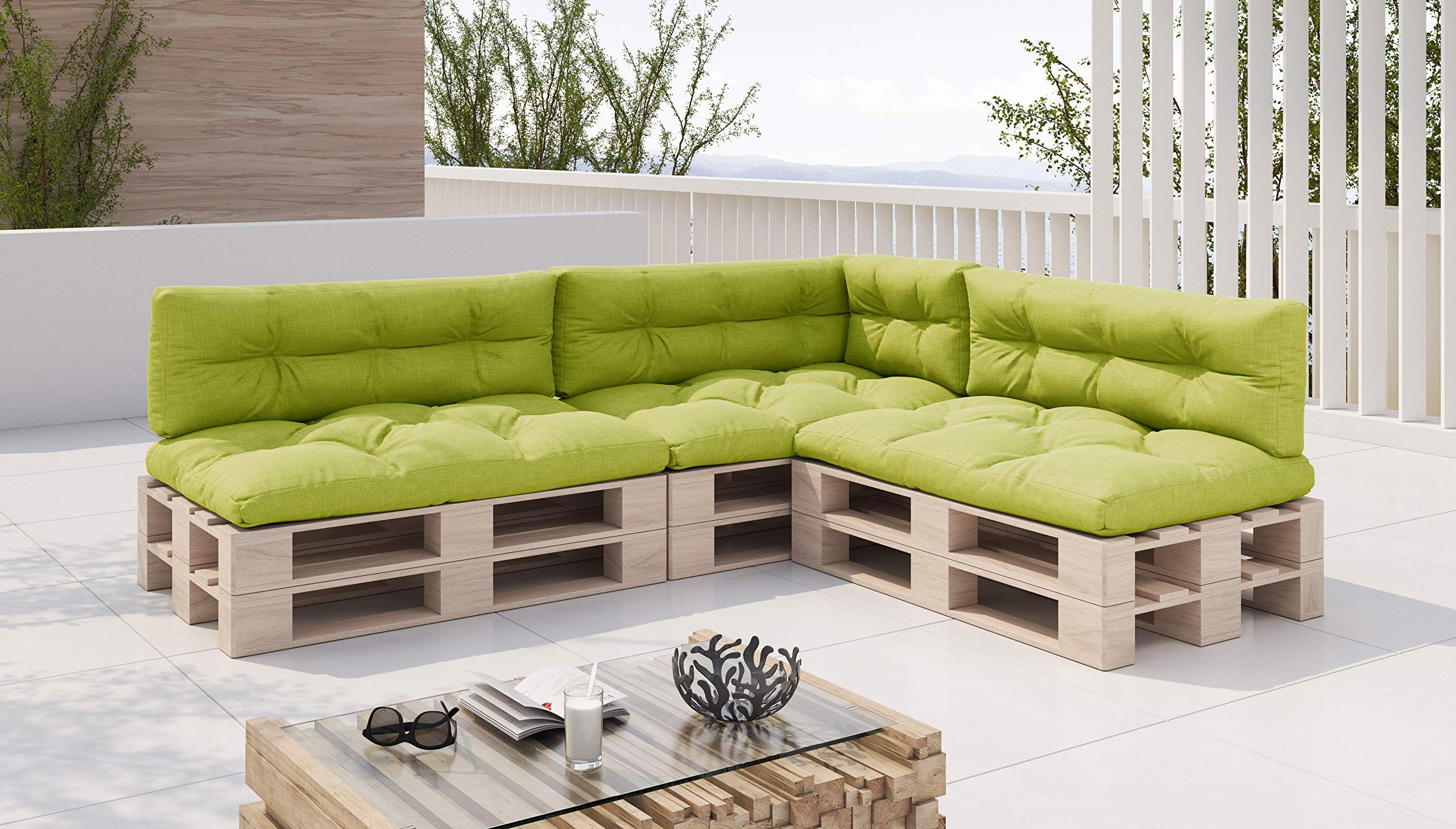 sunnypillow Set of 7 Cushions for Pallet Euro Sofa, Garden, Living Room – Outdoor – Large Bench Cushions – Various Sizes and Colours to Choose From – Floor Mattress (Seat + Back) – Green - 4