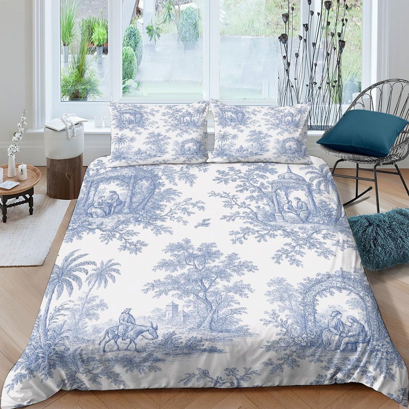 Ctjqhvkz Style-1 3D Printed Blue Toile Landscape Fitted Sheet Microfiber Breathable Pastoral Bed Cover For Bedroom Guest Room Decor Single（135X200cm）