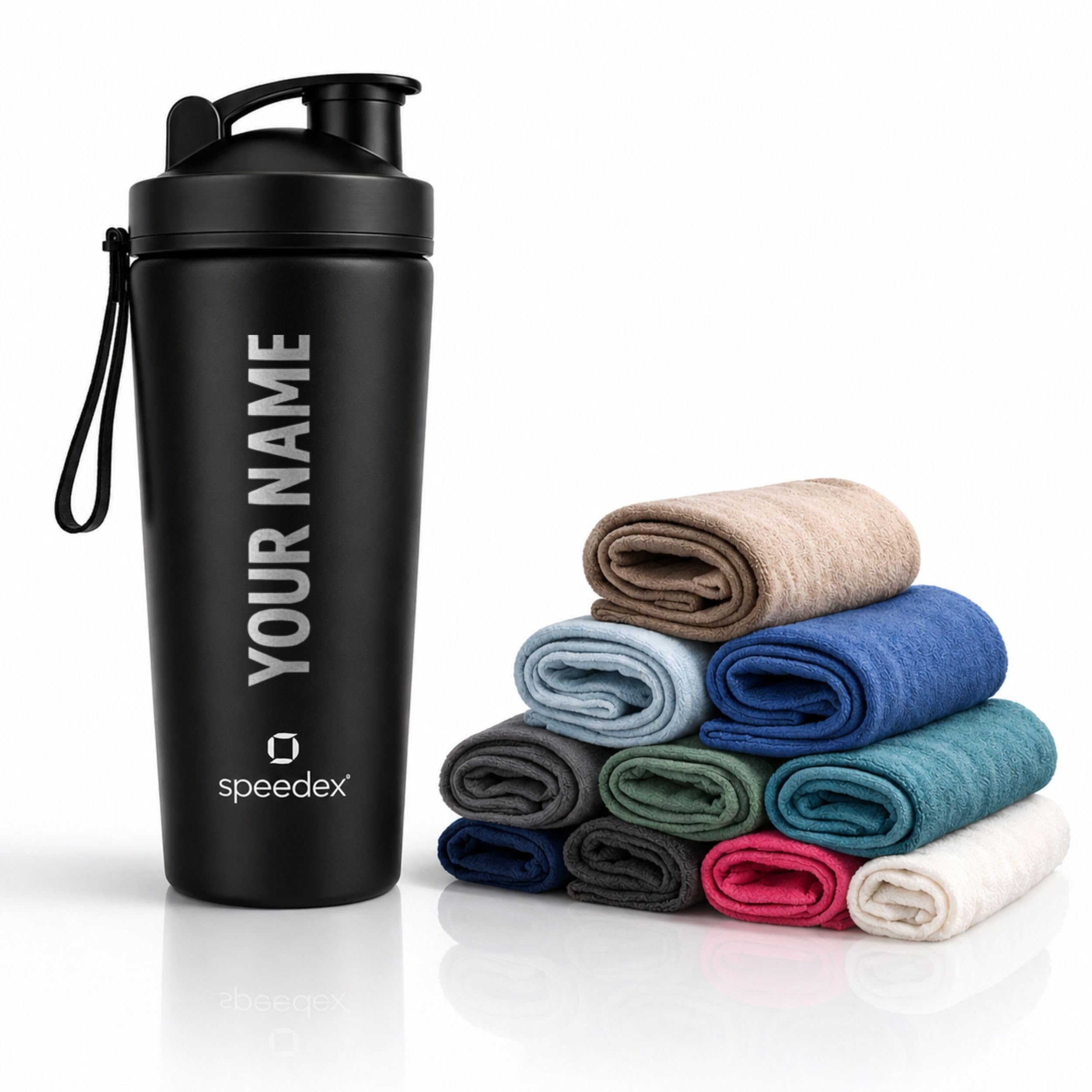 Speedex Customized Stainless Steel Gym Shaker Bottle 750ml with Mixing Ball & Towel, Leakproof Flip Cap, Wide Mouth, Measurement Markings, Personalized Name/Logo Metal Protein Shaker – Black-image-14