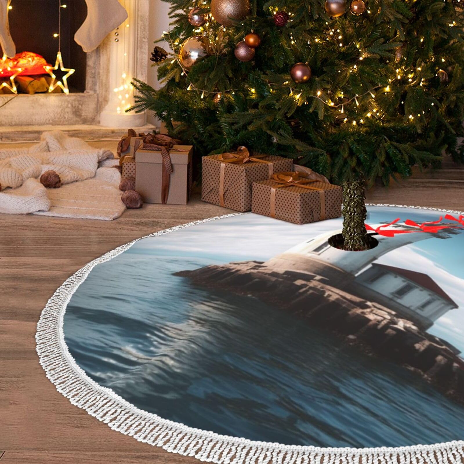 Jupe de sapin de Noël à pompons grand tapis de décoration maison vacances océan
