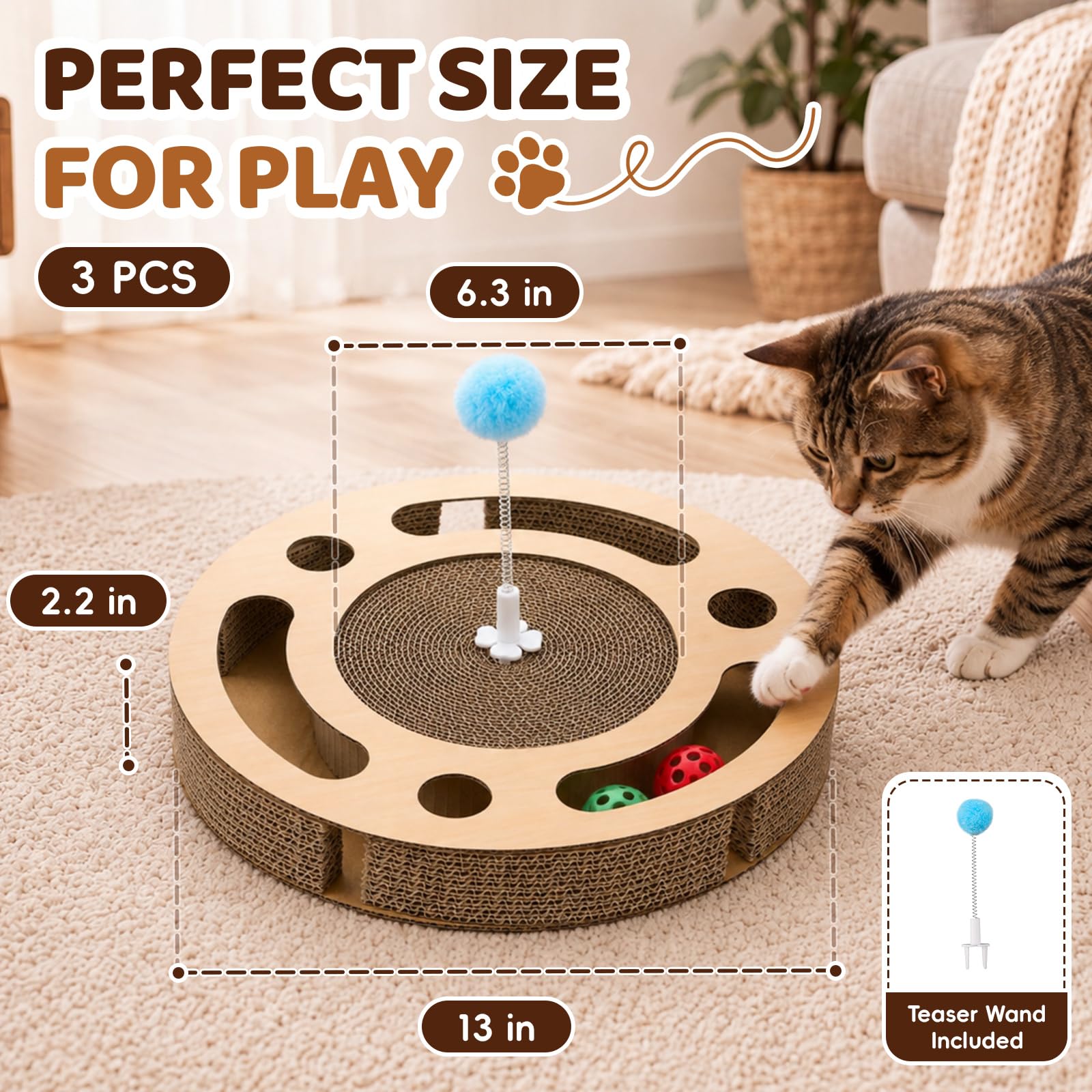 Pinkunn Lot de 3 tapis à gratter pour chat avec 2 boules cloches et 3 baguettes à ressort pour chat, pour l'intérieur, jouet anti-stress, exercice, protection des meubles