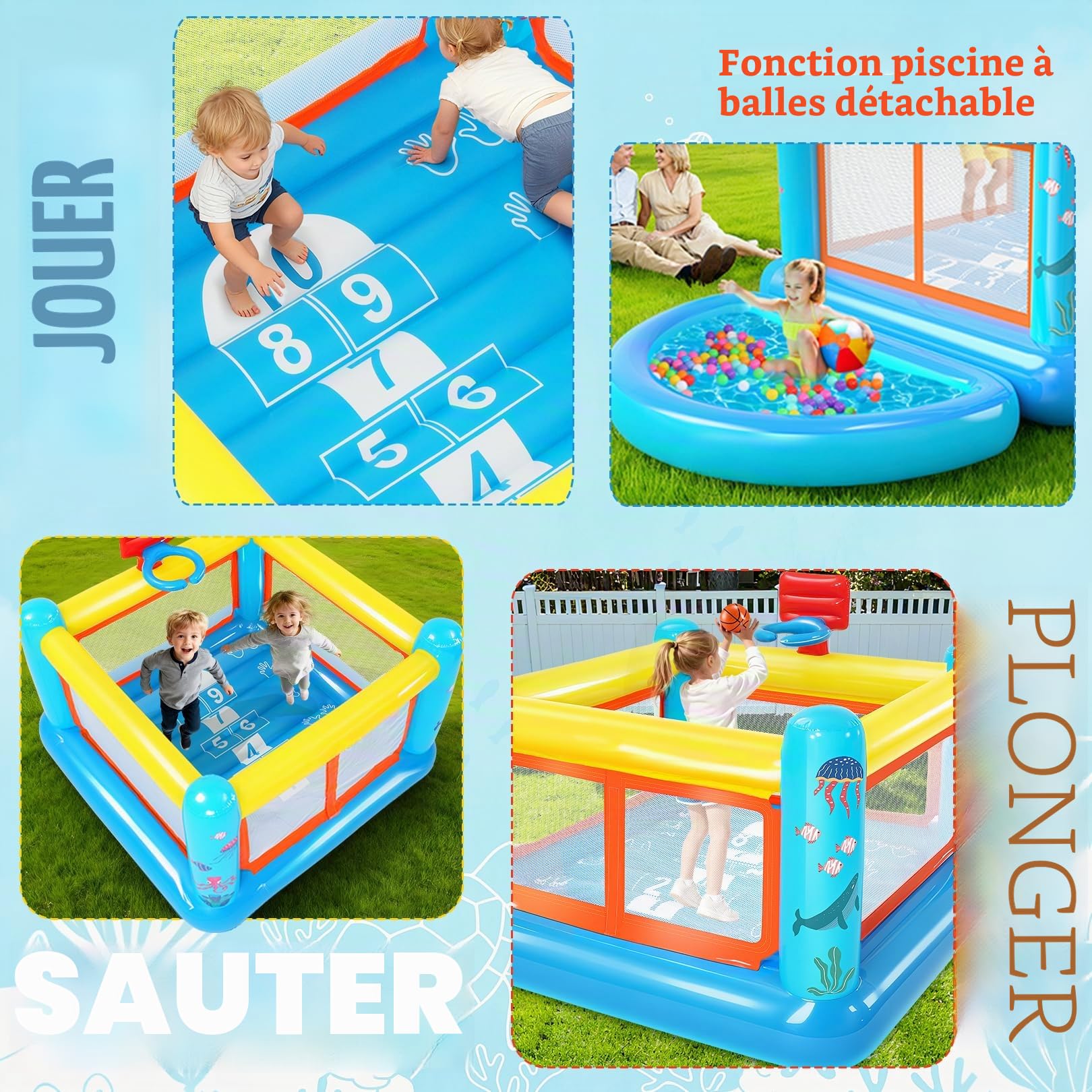 Château Gonflable Enfant 3-6 Ans Intérieur Extérieur, Structure Gonflable 4-en-1 avec Panier Basket Marelle Piscine Balles Amovible, Souffleur Inclus, PVC Résistant 270×170×127cm