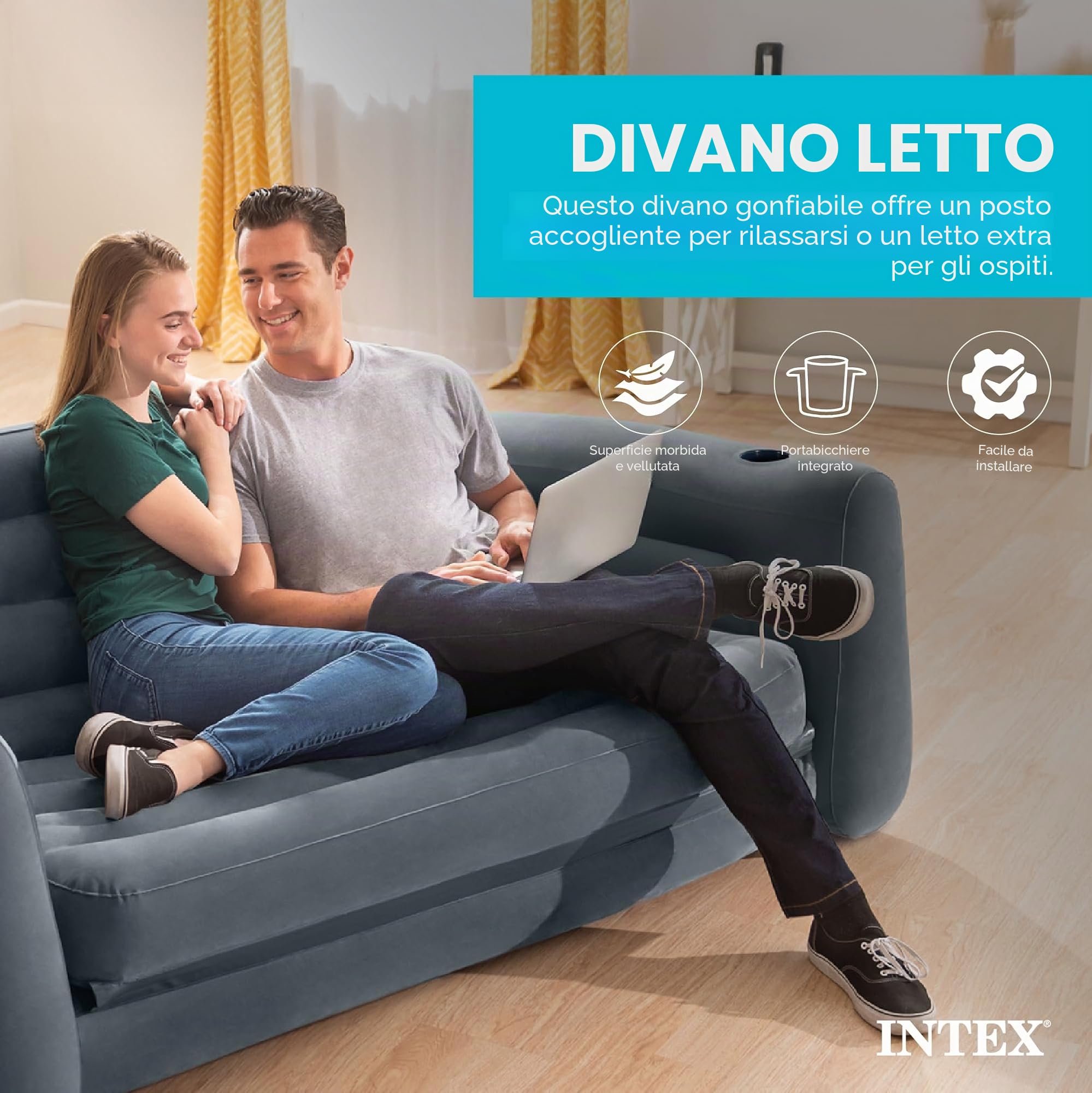 Intex Divano letto matrimoniale da campeggio gonfiabile estraibile con 3 valvole di gonfiaggio e sgonfiaggio rapide, 203,2 x 231,14 x 66,04 cm, grigio antracite