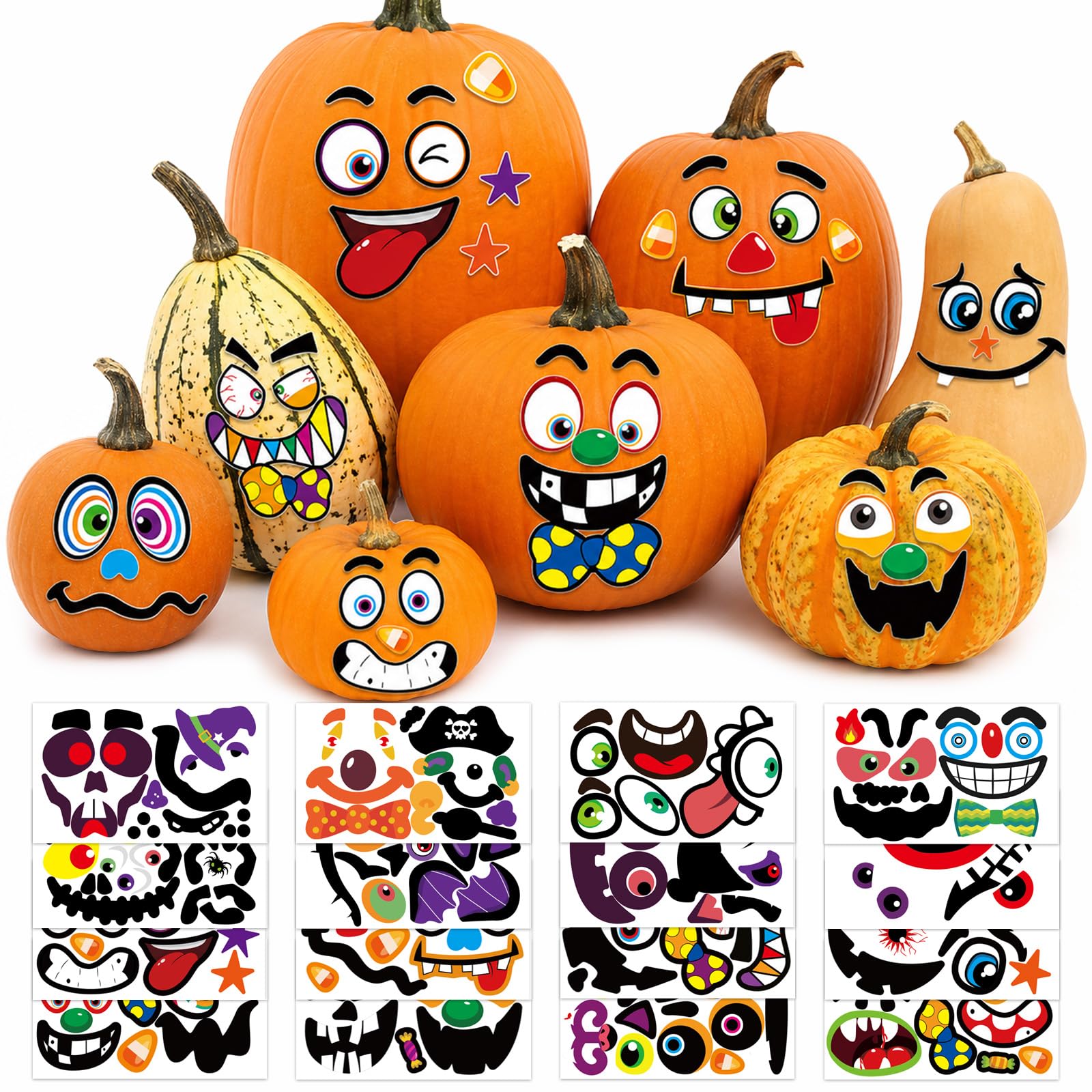 16 Sheets Halloween Pumpkin Stickers 32 Facial Decals Decorating Kit Crafts