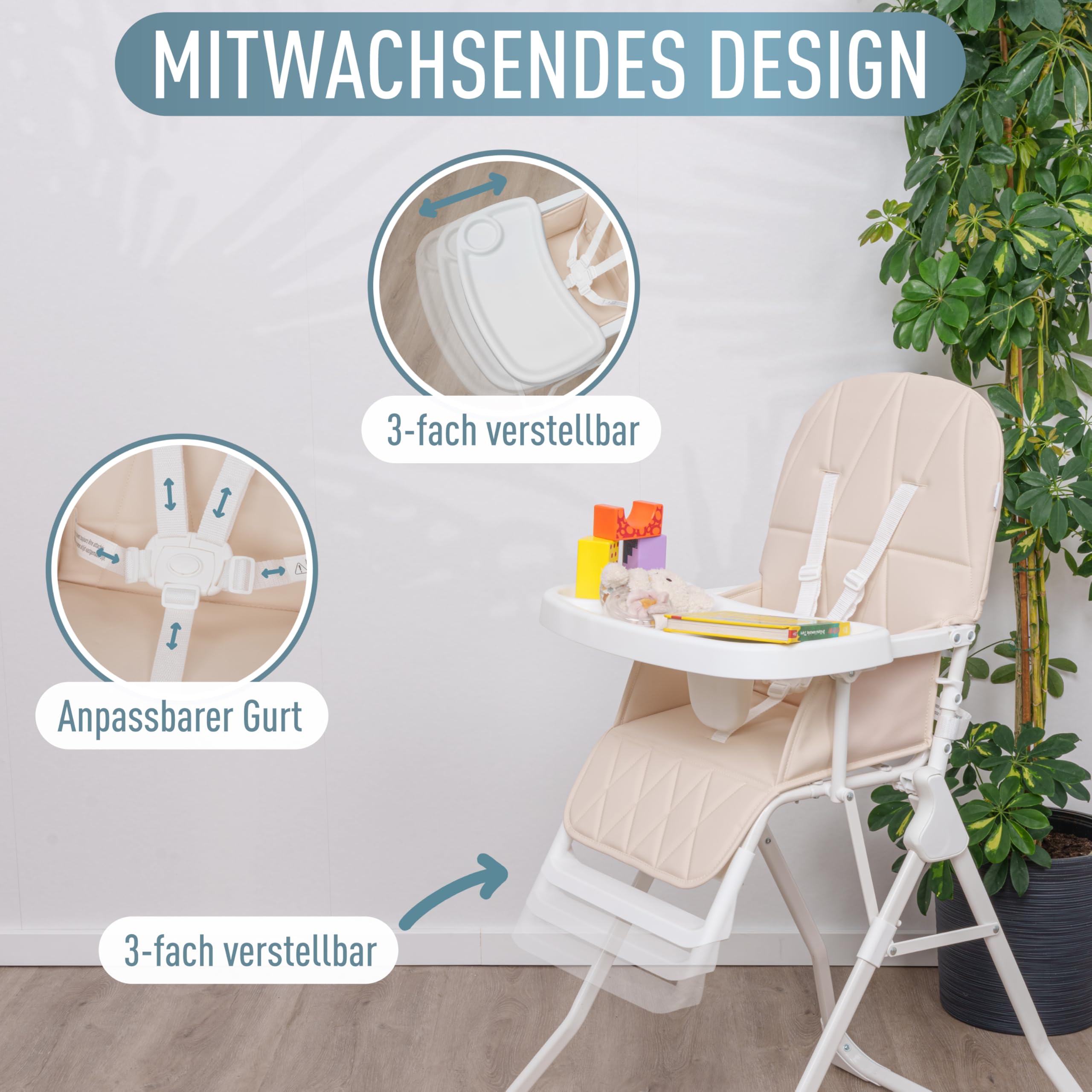 IB STYLE Baby Hochstuhl Leno - Kinderhochstuhl Klappbar & Platzsparend, Mitwachsend mit Tablett & Fußstütze, 5-Punkt-Gurt, Weiche Polsterung, Abwischbar, ab 6 Monate bis 3 Jahre (15kg), Sand