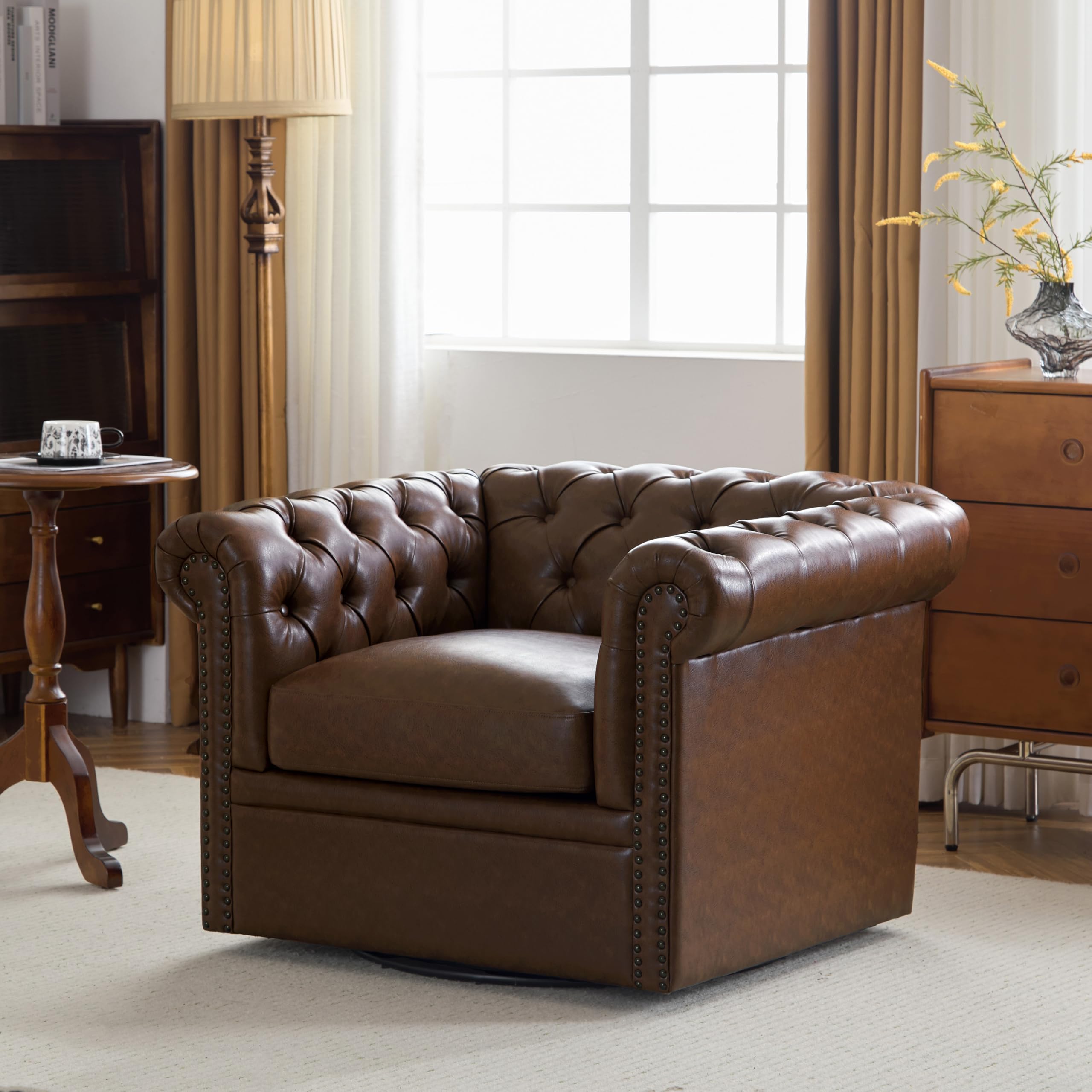 Christopher Knight Home Oakley Chesterfield Faux Leather Upholstered Club Chair, Button-Tufted 360° Swivel Sofa, Scrolled Arm Living Room Sofa, No Assembly Required Furniture, Dark Brown
