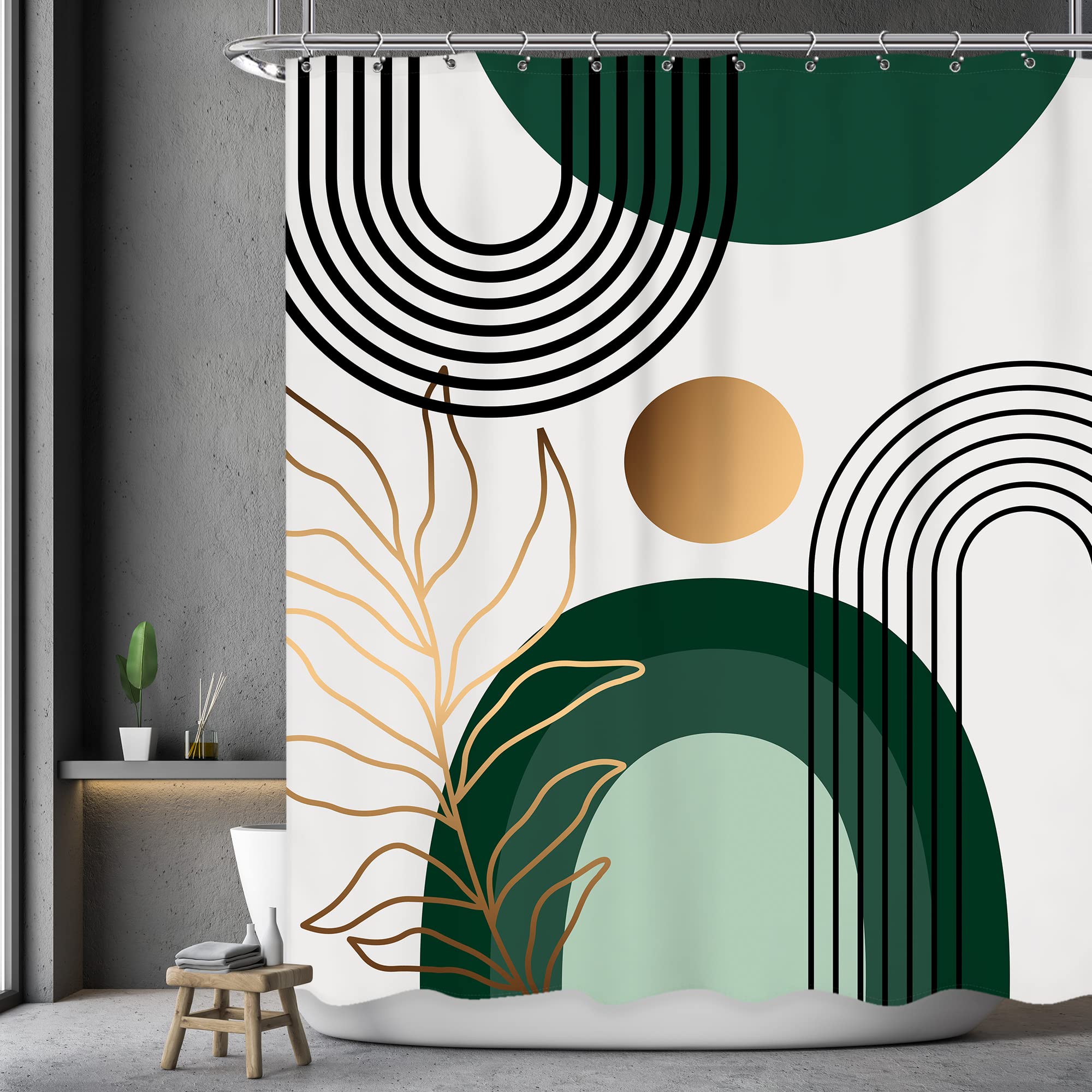 Green Chic Mid Century Abstract Shower Curtain for Bathroom 60Wx72L Inch Modern Boho Arch Sun Geometric Gold Leaves Minimalist Set Neutral Bath Curtain Bathtub Accessories Home Decor