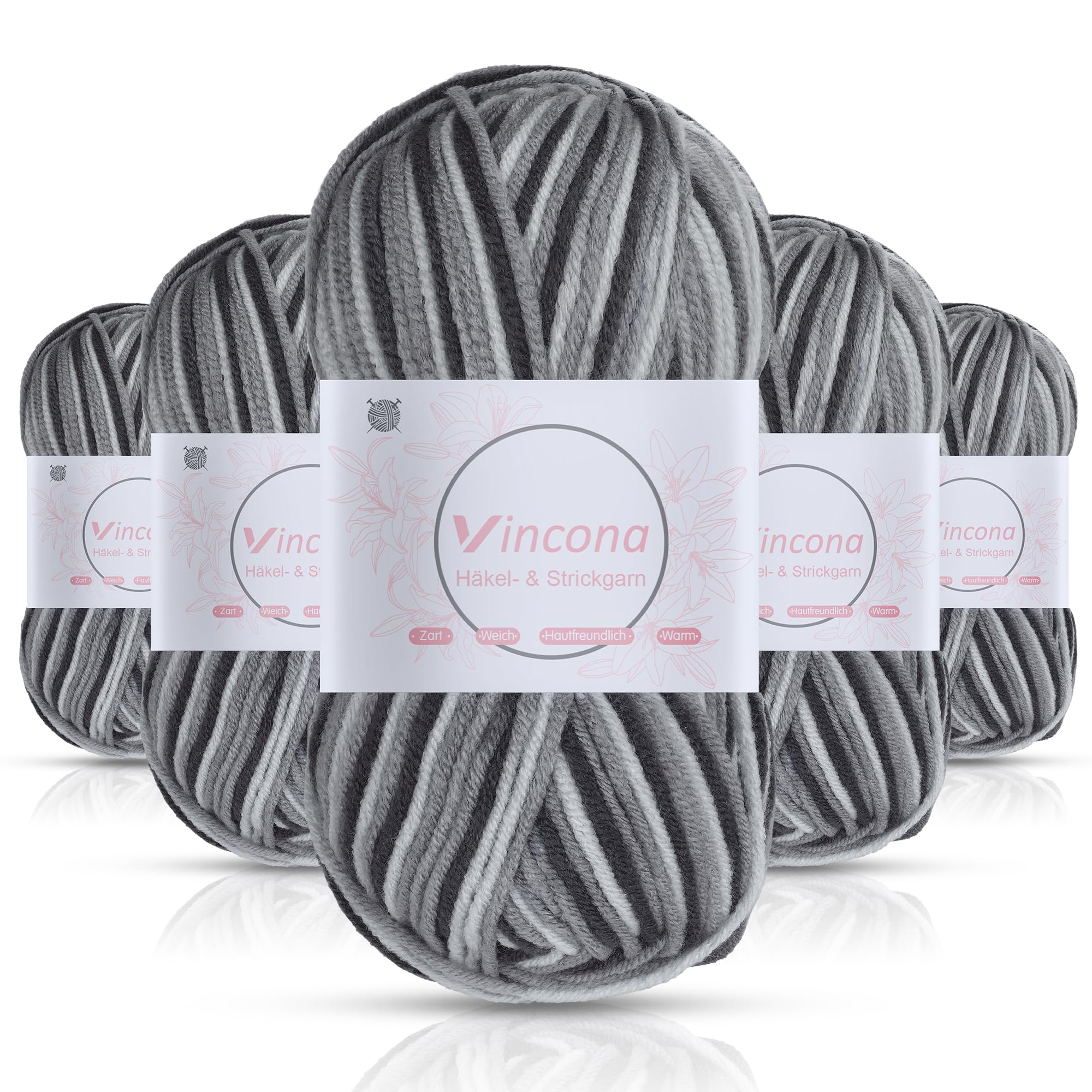 Vincona Häkelgarn，5x50 g Wolle zum Häkeln，Bunt Farbverlauf Acrylgarn zum Häkeln，Wolle zum Häkeln und Stricken, Handstrickgarnsets Geeignet zum Stricken von Puppen, Pullovern, Schals, Mützen