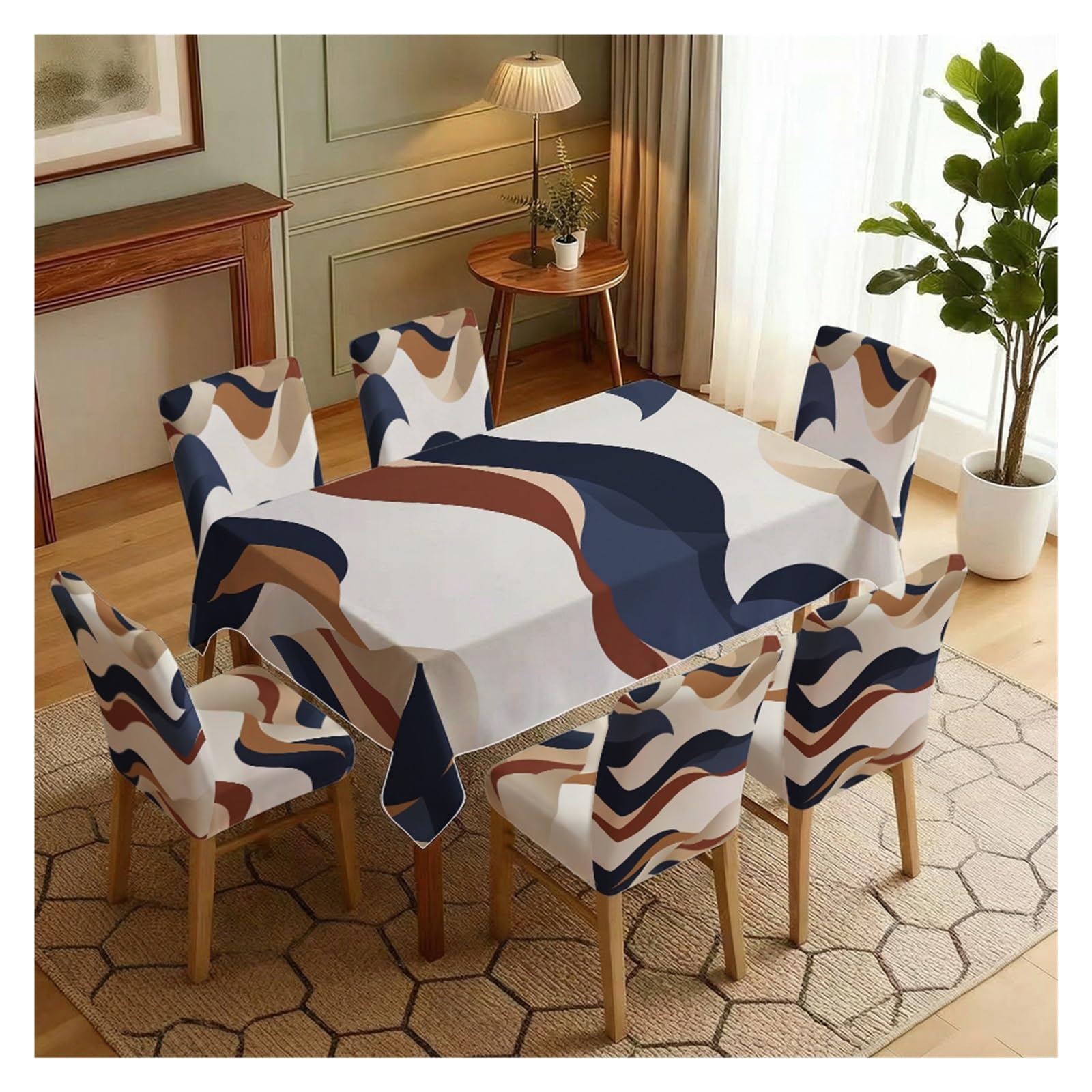 BOSUYBN Mid Century Abstract Wavy Geometric Printed Dining Tablecloth & Chair Covers Set, 5/7 Piece Neutral Modern Minimalist Home Decor Table Setting(7pcs Set: Tablecloth+Chair Covers)