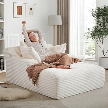 Antetek Oversized Chaise Longue Chair Indoor, Modern 50-inch Upholstered Corduroy Deep Seat Sofa Bed with 3 Throw Pillows and Armrests, Sleeper Sofa Couch for Living Room, Bedroom Apartment, White