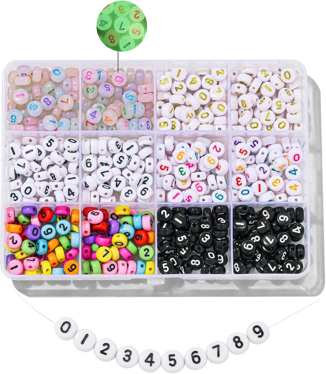 Hudinsun 500Pcs 0-9 Acrylic Number Beads in 12 Grid Box Round Beads for Bracelets Neckless Friendship Jewelry DIY Making 4x7mm, 6 Colors