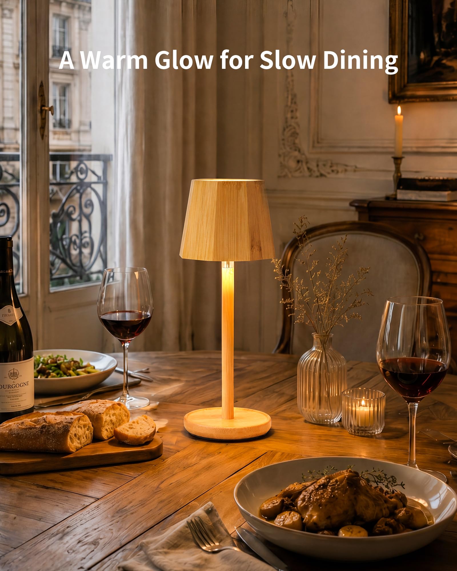 Lámpara LED de Mesa Inalámbrica–Recargable,Touch Dimmerable,Estilo Escandinavo Bohémien en Bambú,Impermeable,Luz Ambiental Portátil para Mesita de Noche,Dormitorio,Sala,Patio-BAMO TL12