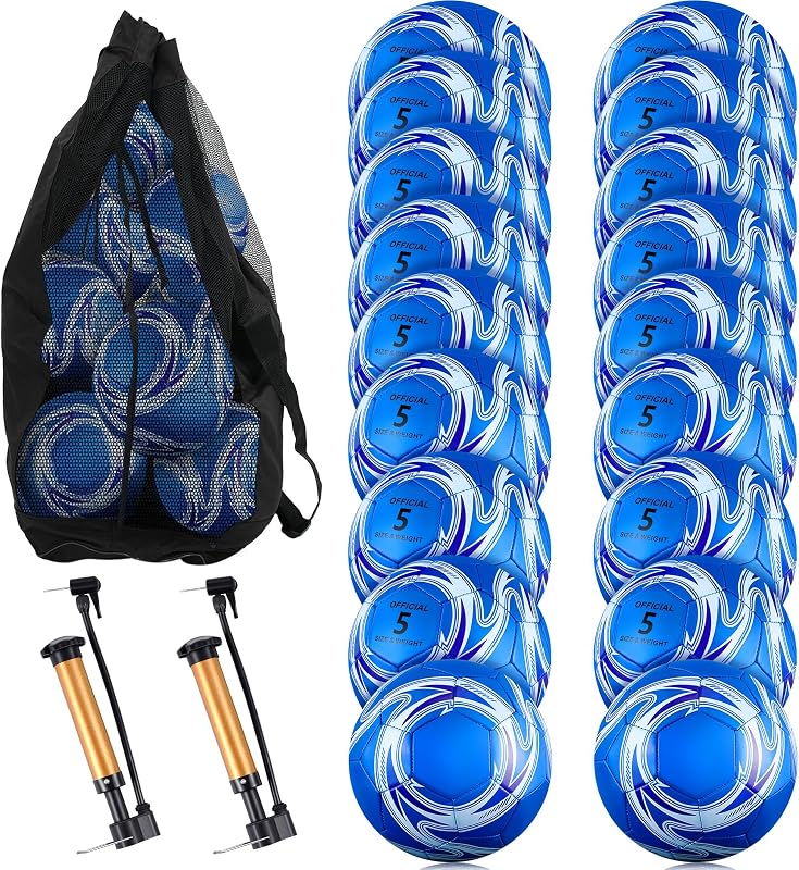 Realspring 18 Pack Soccer Balls Bulk with Pump & Bag, Training Soccer Ball Official Size Deflated Football for Youth Training Outdoor Outside School PE Team Coaches Practice Equipment