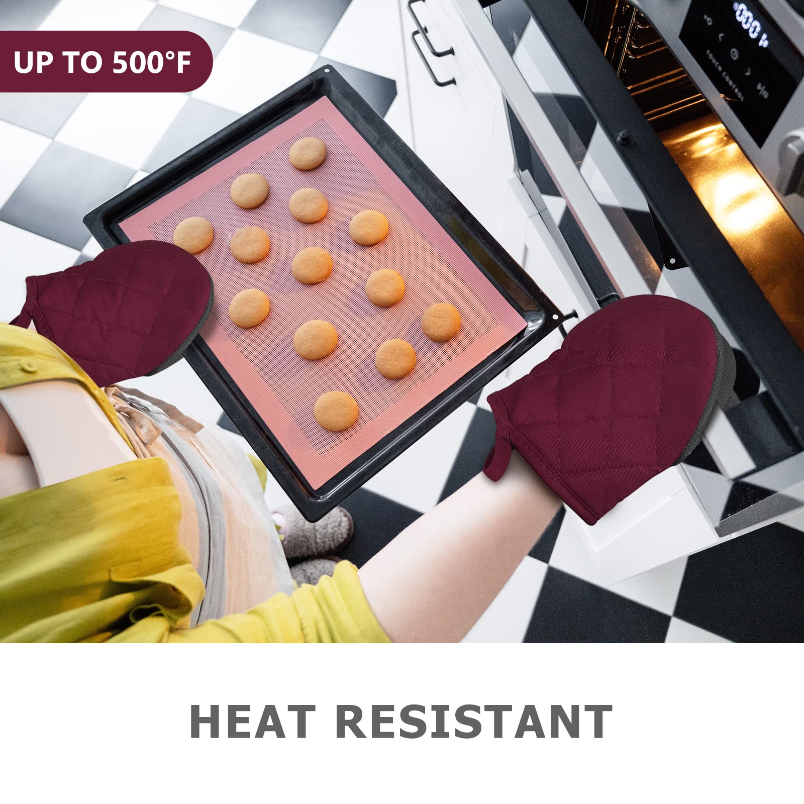 Oven Gloves - Heat Resistant with Non-Slip Silicone Surface, Hanging Loop, 500°F Thick Kitchen Baking Gloves Set - Image 2