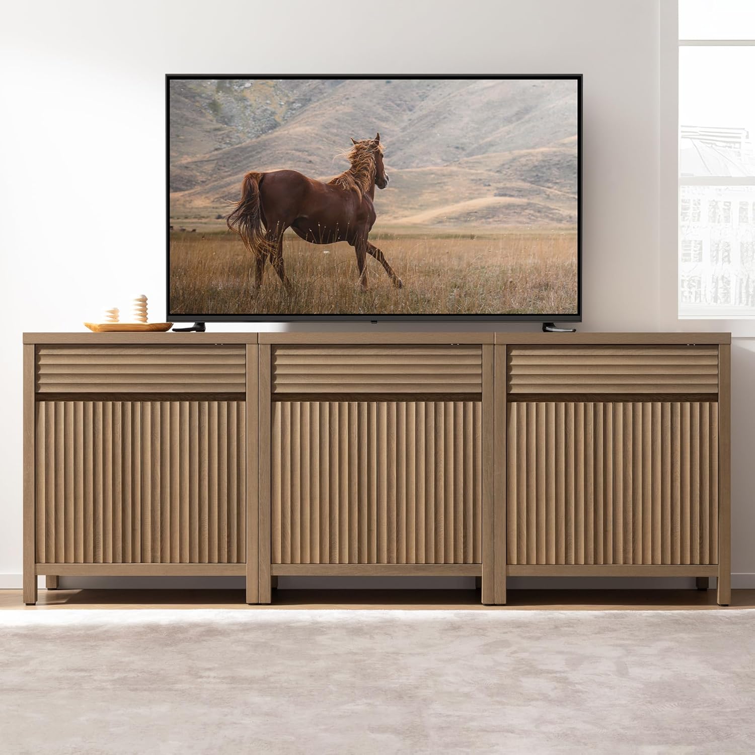SICOTAS Fluted Buffet Cabinet with Storage - 87" Large Sideboard Modern Storage Cabinet Accent Coffee Bar Console Table with Drawers & Adjustable Shelves for Kitchen Living Room Entryway, Caramel Oak