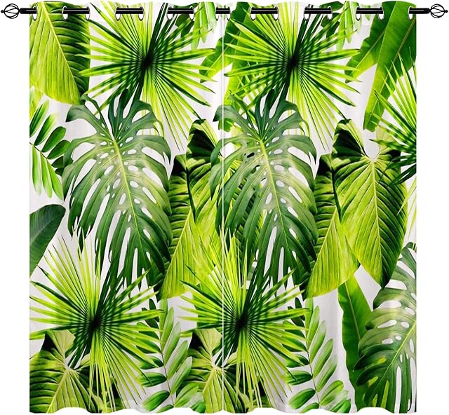 YUANZU Tropical Curtains, Green Plant Palm Leaf 3D Patterns Microfiber Blackout Fabric Eyelet Window Drapes for Living Room Home Decoration and Bedroom Set of 2 Panels W117cm (46") x D137cm (54")