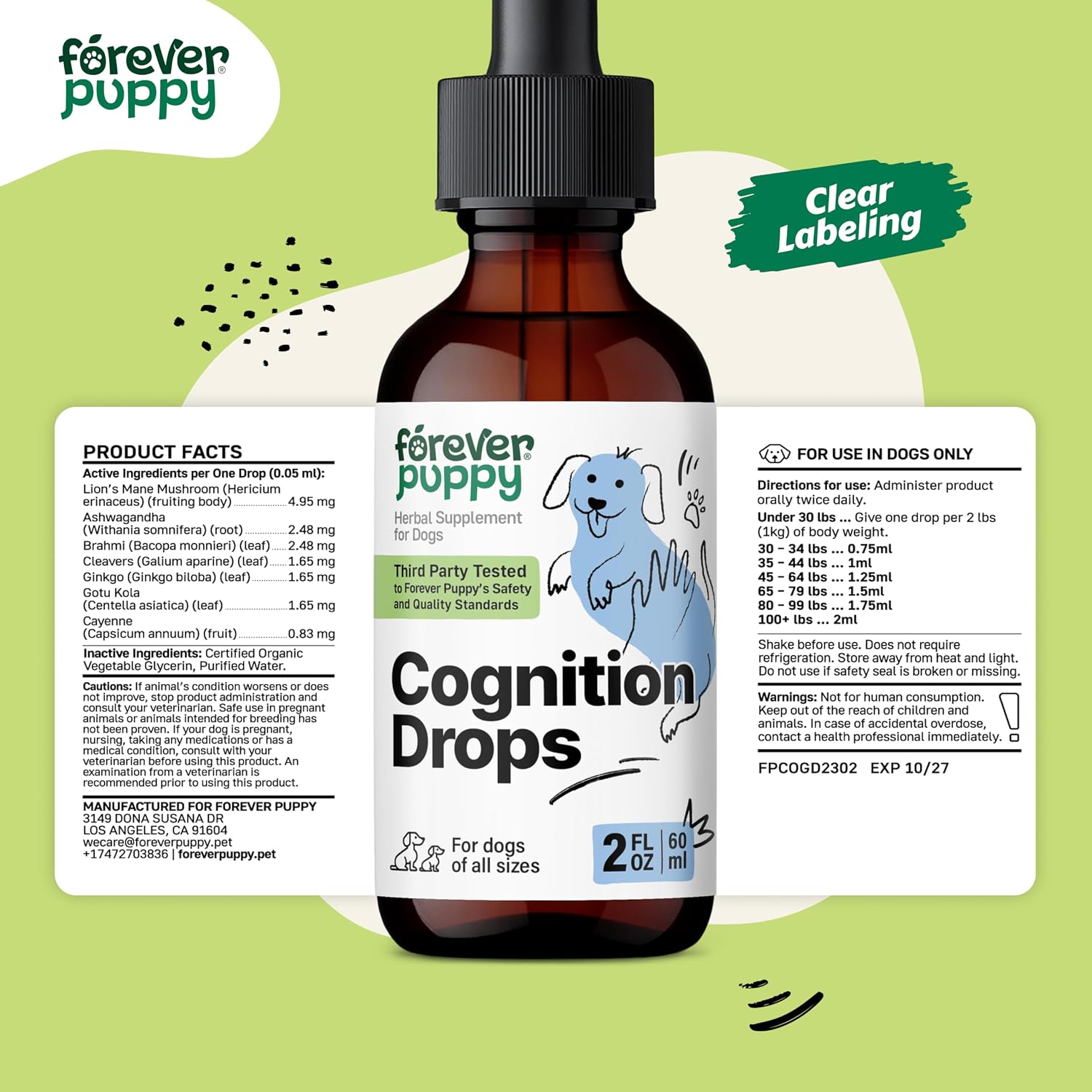 Forever Puppy Cognition Drops for Dogs - Lion's Mane Tincture & Ginkgo Biloba Liquid Supplement for Dogs' Brain Health Support - Cognitive Drops w/Ashwagandha Root for Brain Focus & Clarity (2 fl oz)