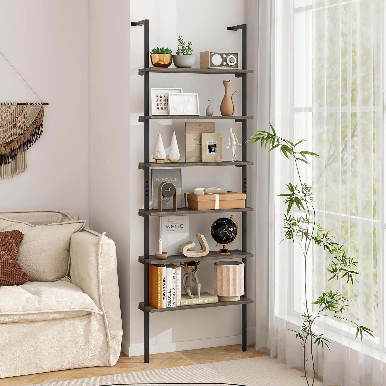 Tangkula Industrial 6-Tier Bookshelf, 72" Tall Wall Mounted Ladder Shelf with Heavy-Duty Metal Frame, Vintage Vertical Open Display Shelf Bookcase for